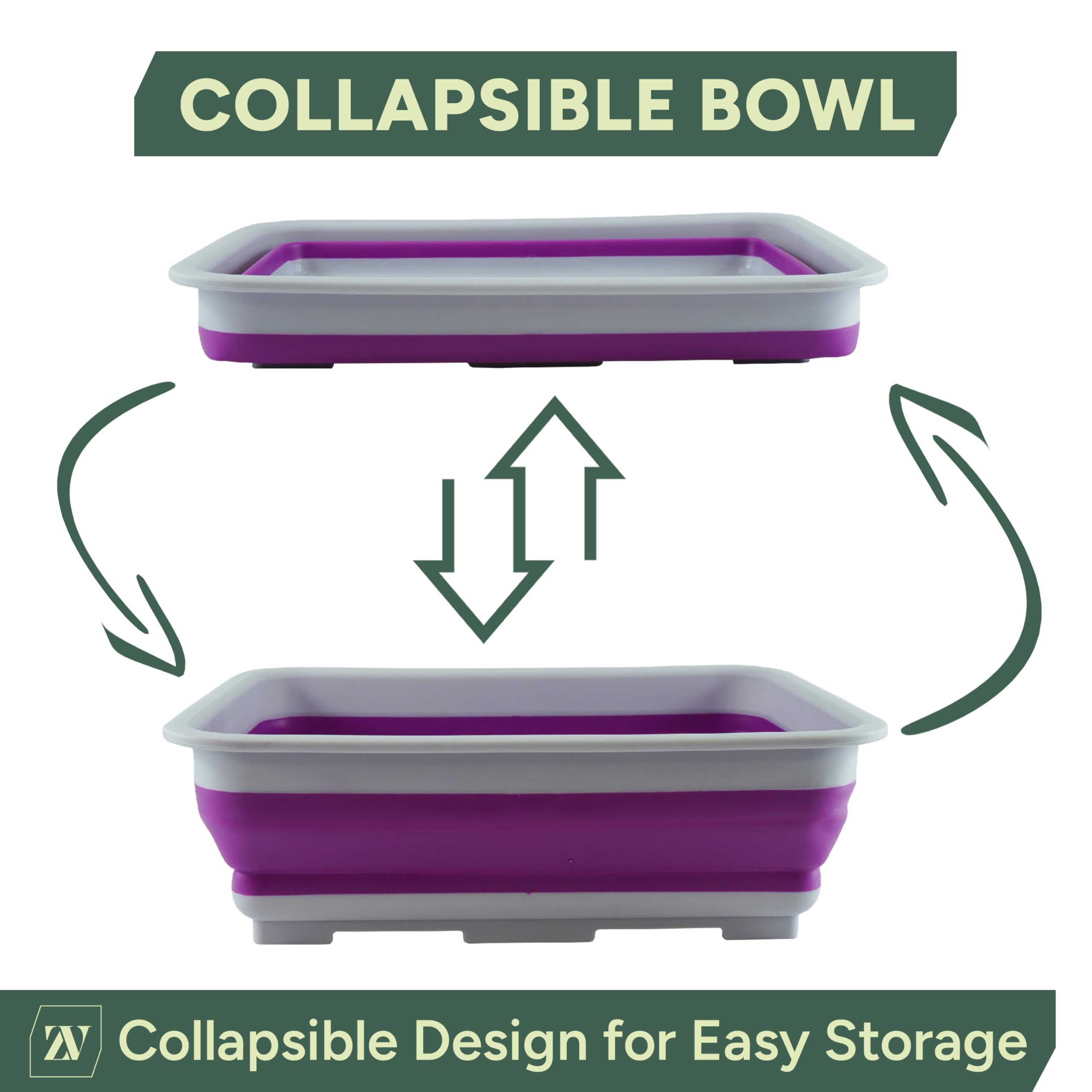 Zuvo Collapsible Washing Up Bowl - 10L Capacity | Folds to 5cm | Purple & Grey 5