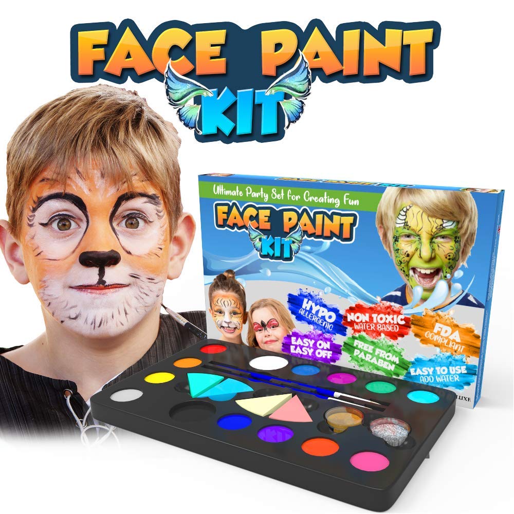 Desire Deluxe Face Paints - 64 Piece Kit with 14 Colors, Glitter, Brushes & Stencils | Kids & Adults 2