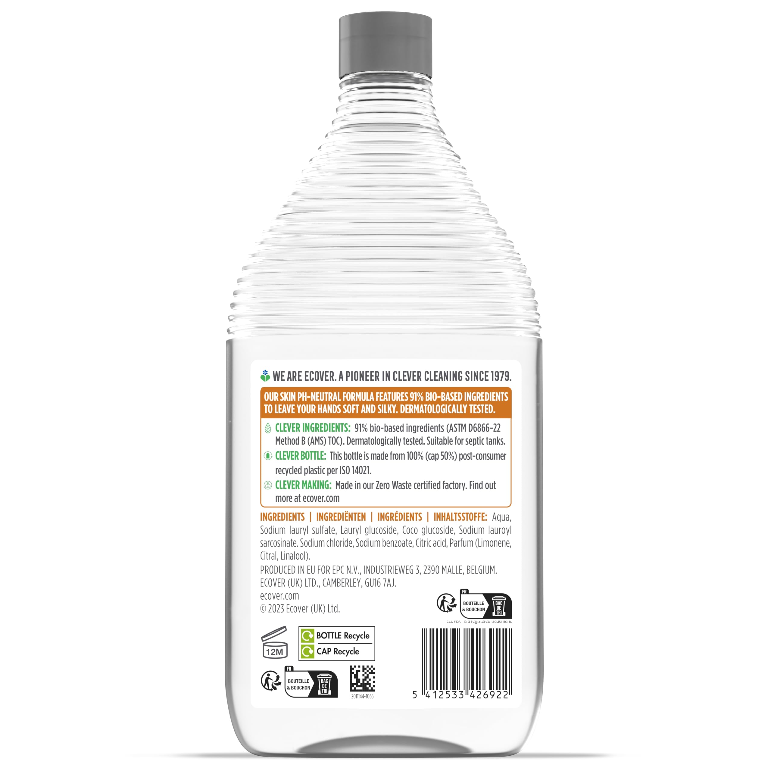 Ecover Hand Wash Refill - Gentle Cleansing, Moisturizing, Orange Scent | 950 ml