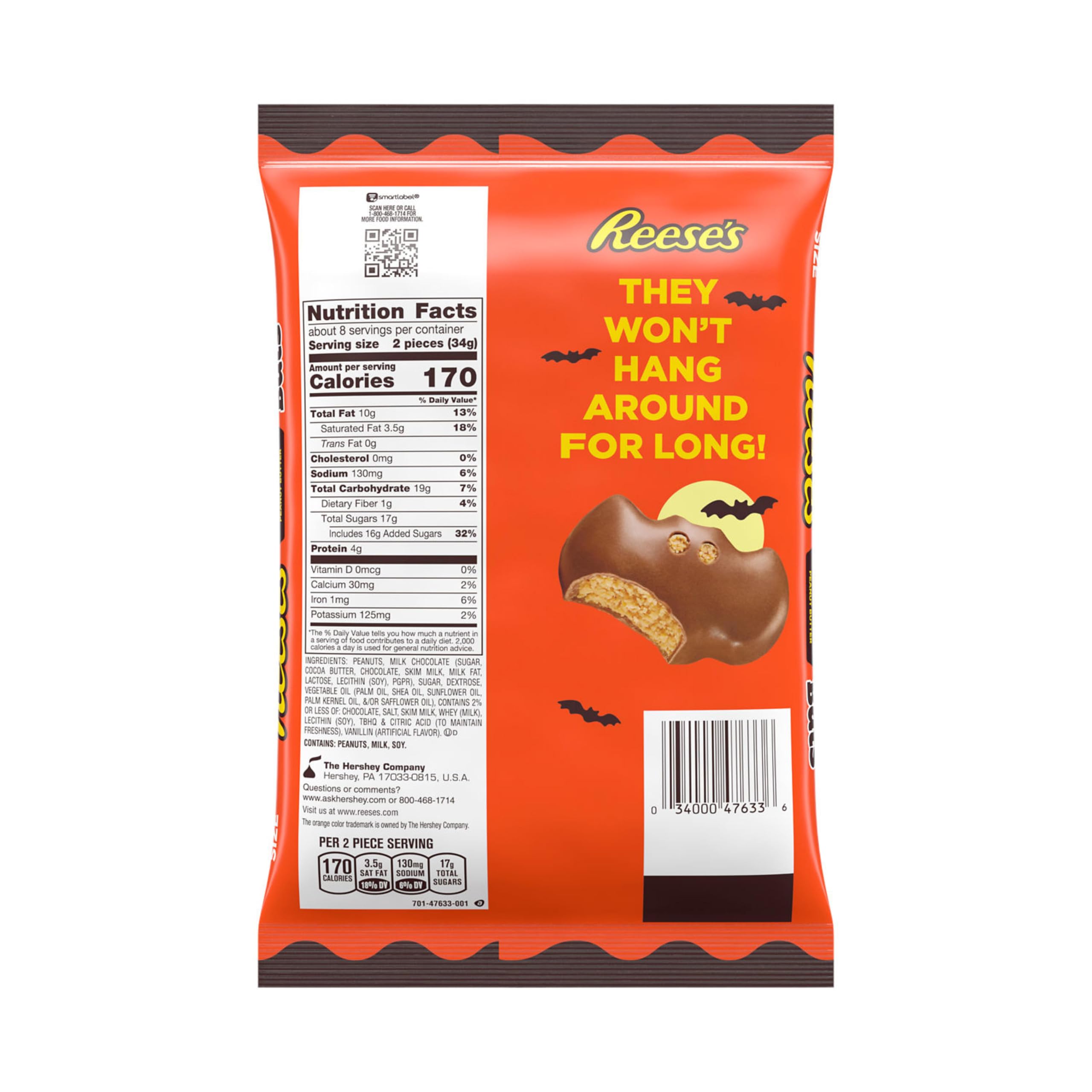 Reese's Peanut Butter Bats Snack Size Halloween Candy Bag 272g 9