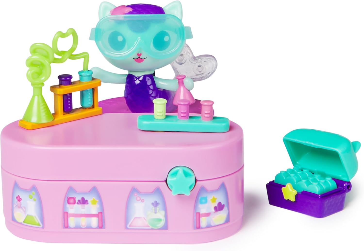 Gabby's Dollhouse MerCat Bobble Figure with Lab Table & Surprise Goggles - 5-Piece Playset