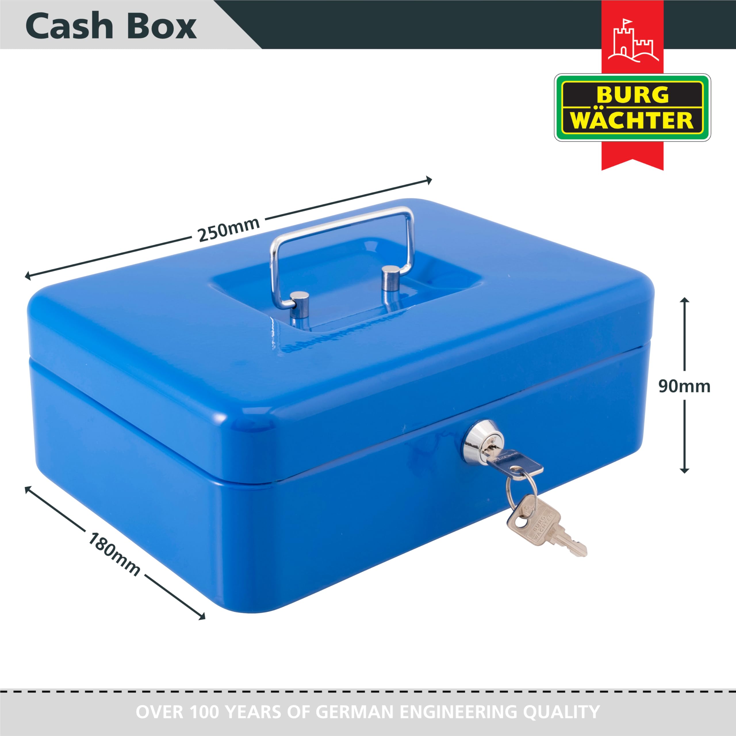 Burg-Wächter Money 5025 Cash Box - 10 inch Size | Key Lock | Blue Metal 6