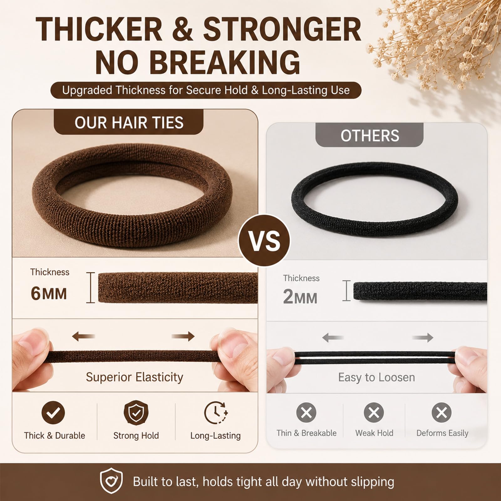 Admygo Elastic Hair Ties - 50 Pack Seamless Thick Hair Ties | Dark Brown | High Elasticity 3