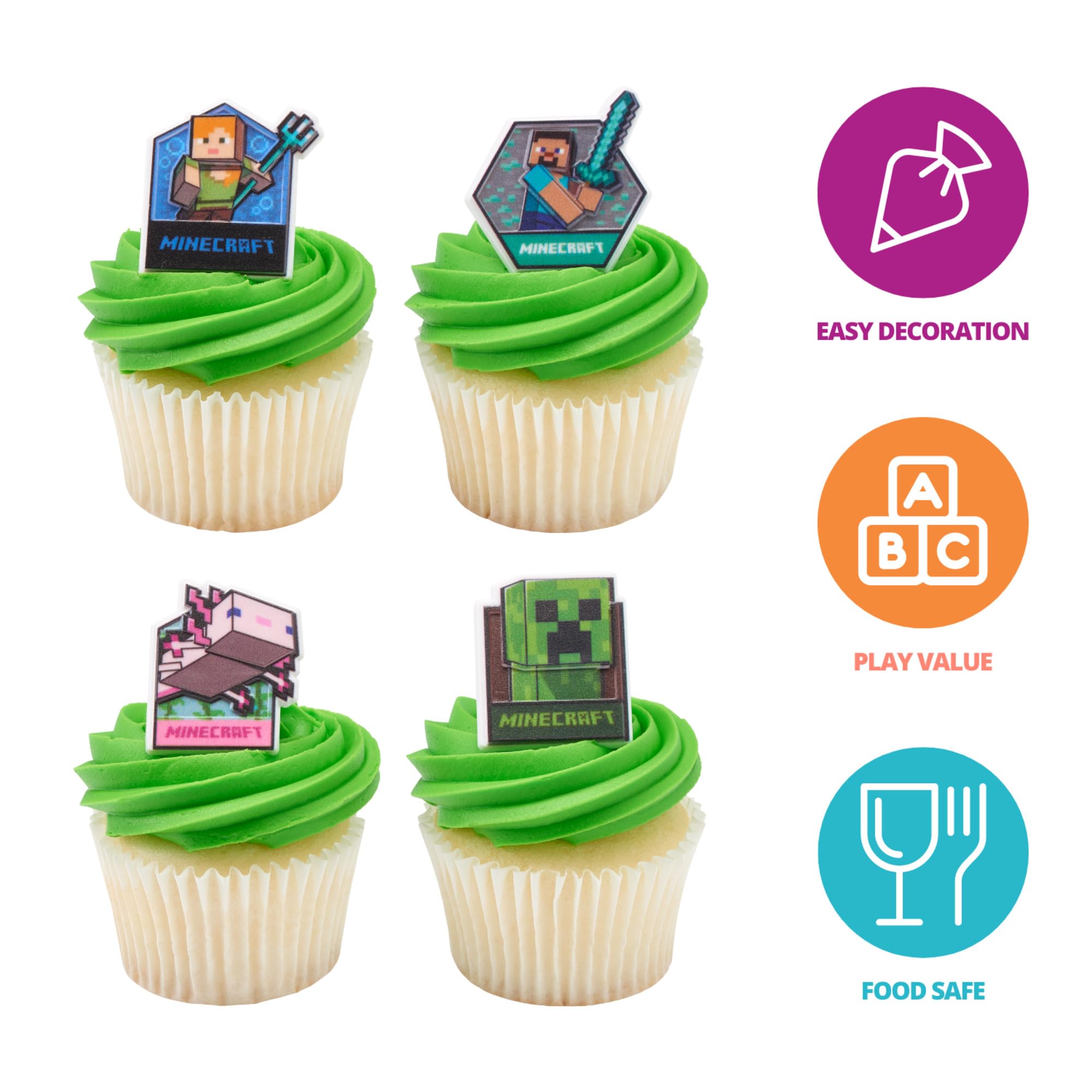 DecoPac Minecraft Lush Finds Cupcake Rings - 24 Pack | Food Safe Plastic | Reusable 3