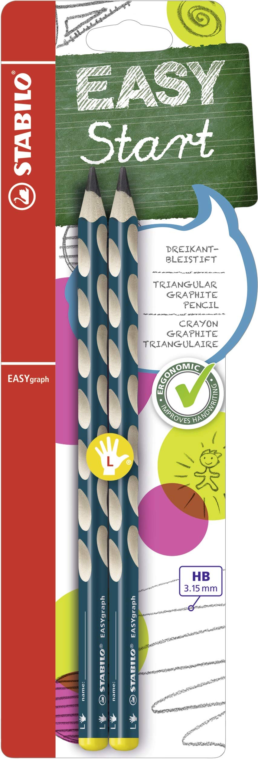 STABILO EASYgraph Ergonomic Graphite Pencil for Left-Handed Users | HB Lead | Pack of 2 | Petrol