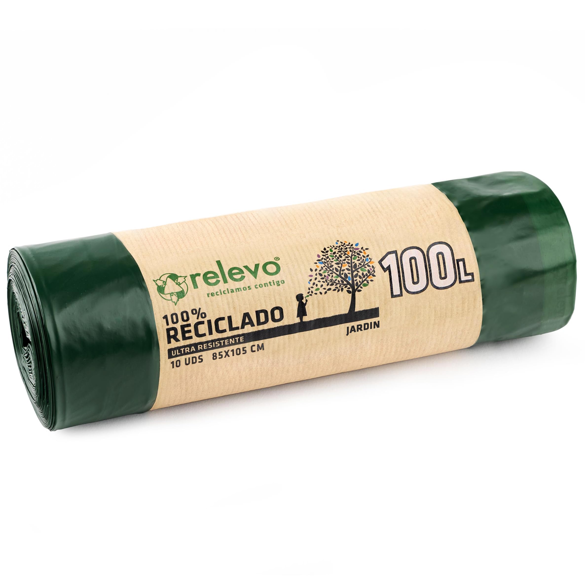 Relevo 100L Large Bin Bags - 10 Count | 100% Recycled Plastic | Drawstring Closure