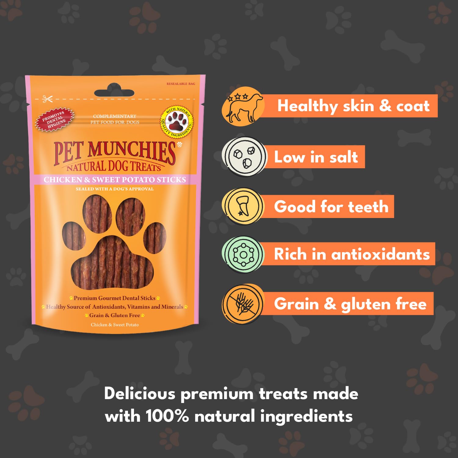 PET MUNCHIES Chicken and Sweet Potato Grain-Free Dental Sticks for Dogs | 90g Pouch
