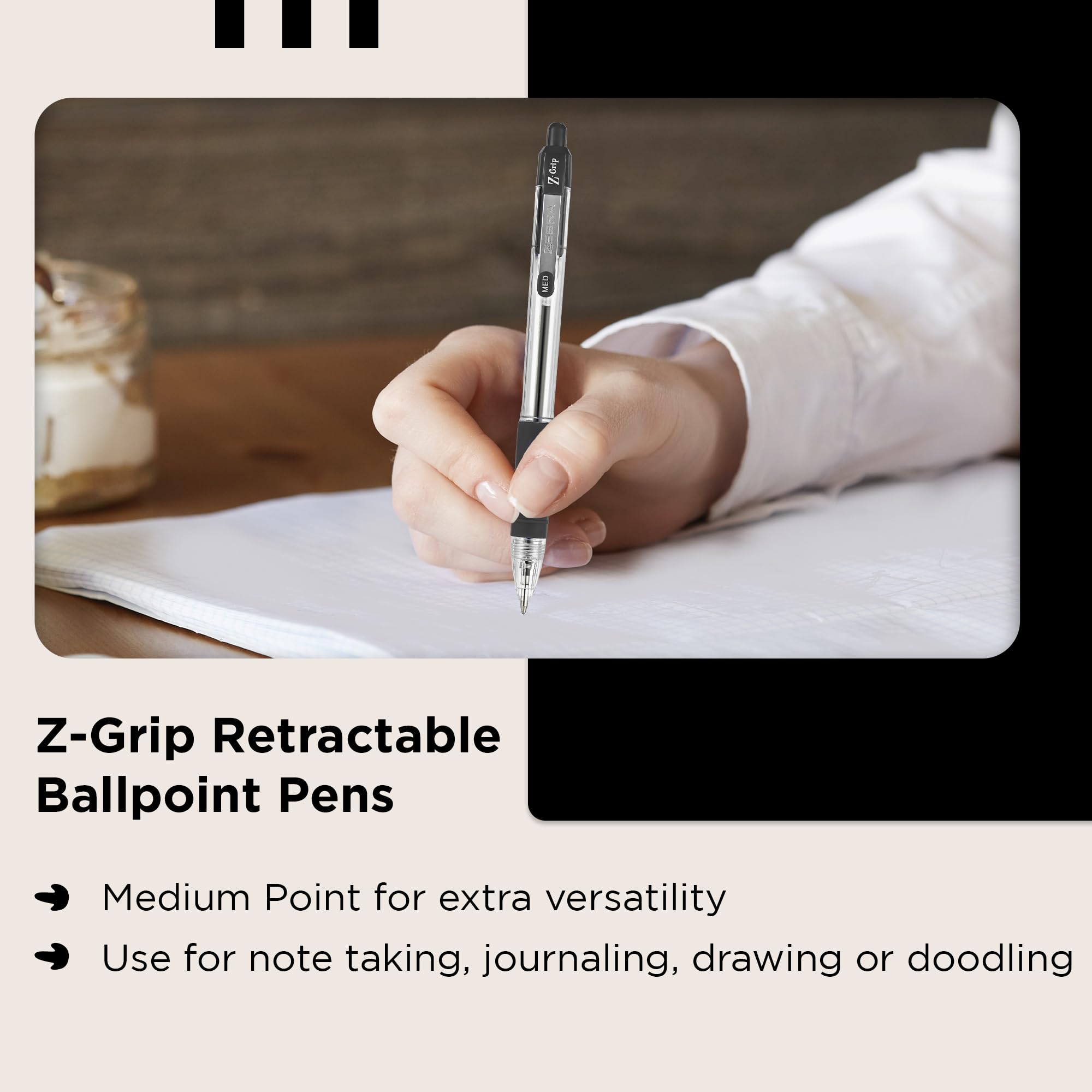 Zebra Pen Z Grip Retractable Ballpoint Pens - 50 Count Black Ink, Medium Point, Soft Ribbed Grip 5
