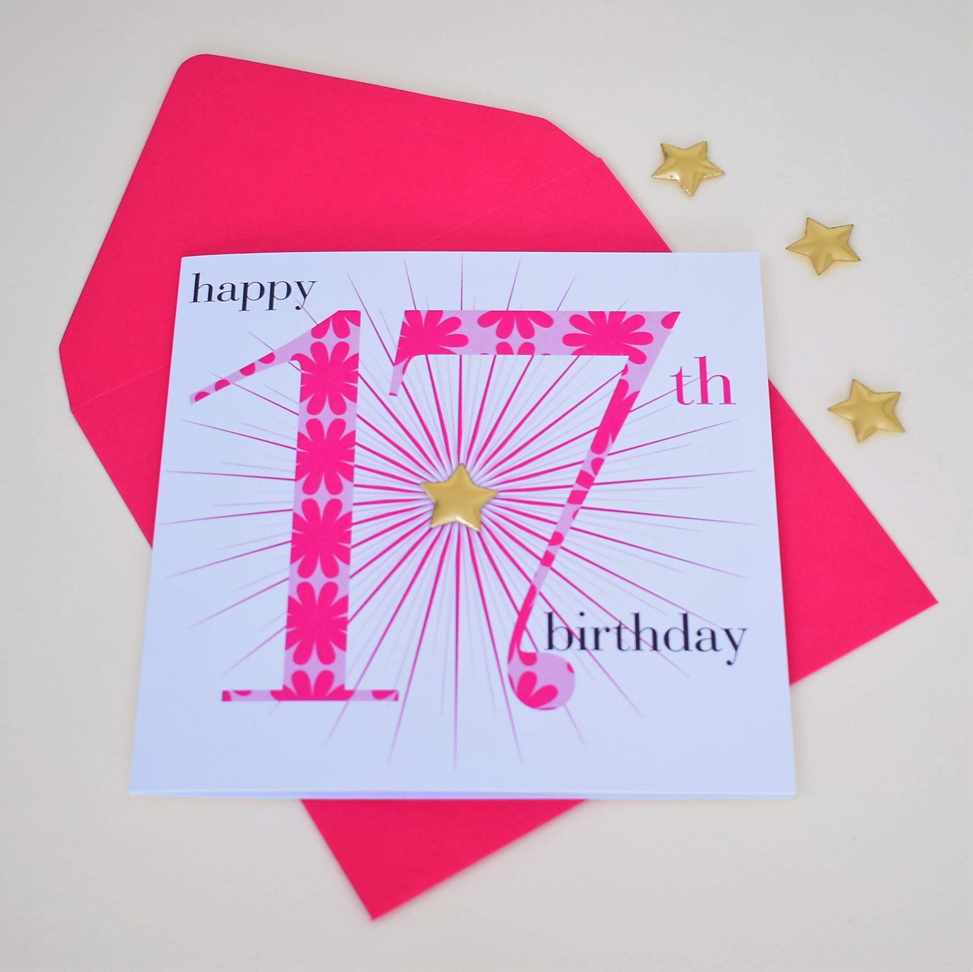 Claire Giles Greeting Cards 17th Birthday Card for Girls | 150x150mm Pink Card with Gold Padded Star 3