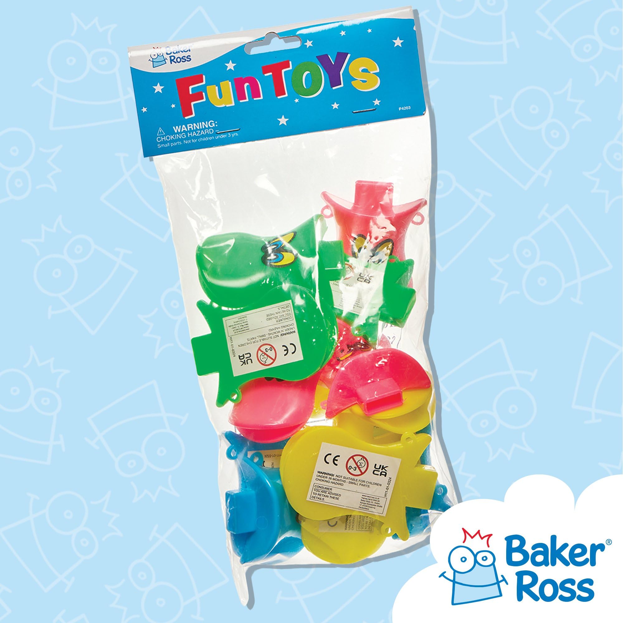 Baker Ross Duck Whistles (Pack of 12) - Assorted Colors, 7cm Plastic Noisemakers for Kids 7