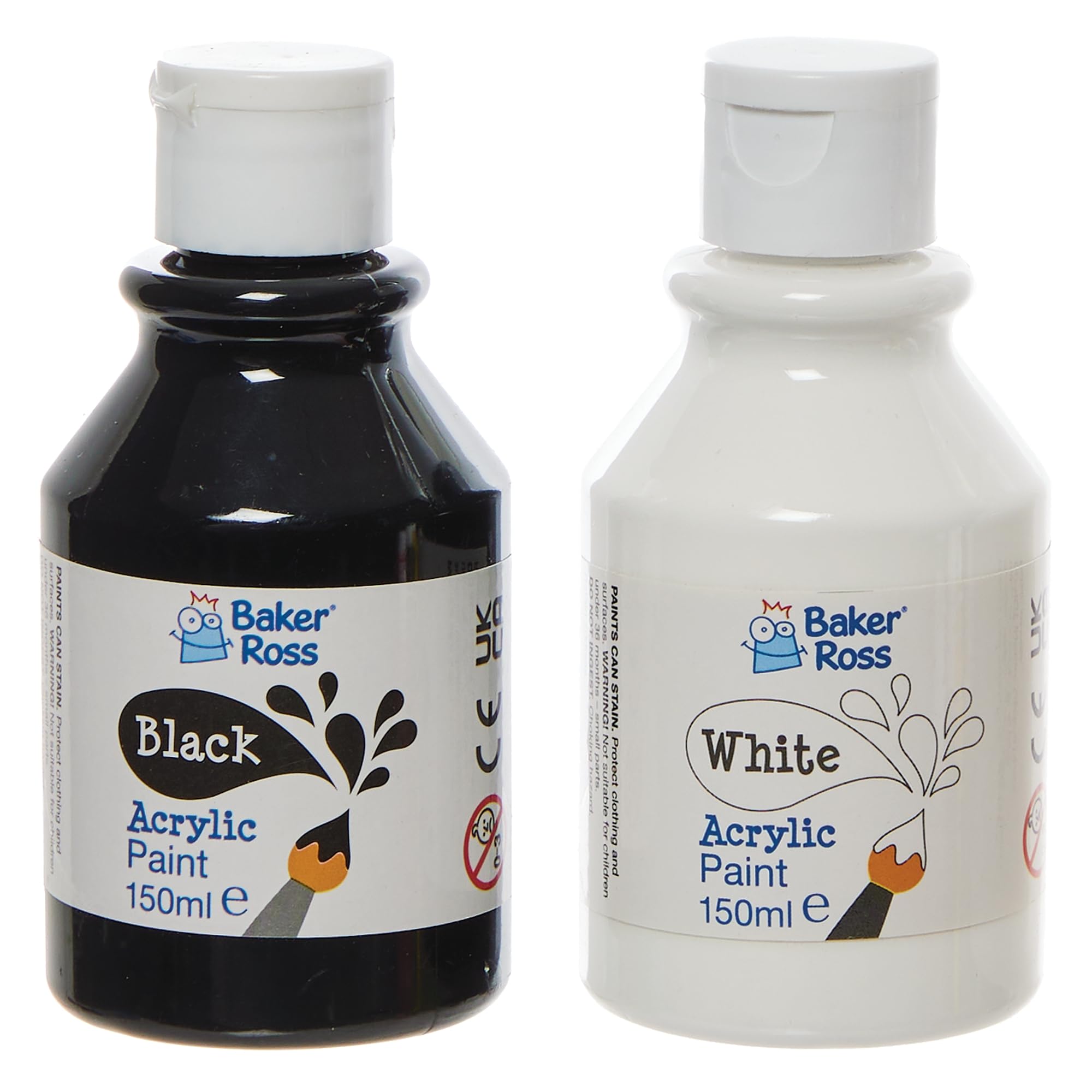 Baker Ross Black & White Acrylic Paint Pack - 4 x 150ml Bottles, Water-Based Washable Paint