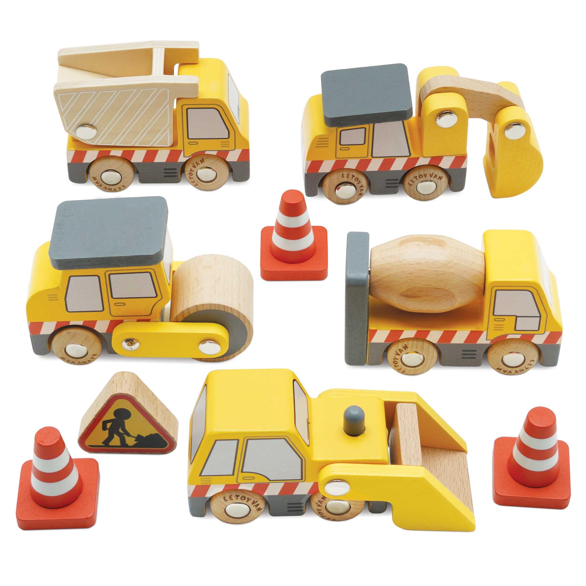 Le Toy Van Construction Vehicles Pretend Play Set with Crane, Digger, Roller | Age 3+