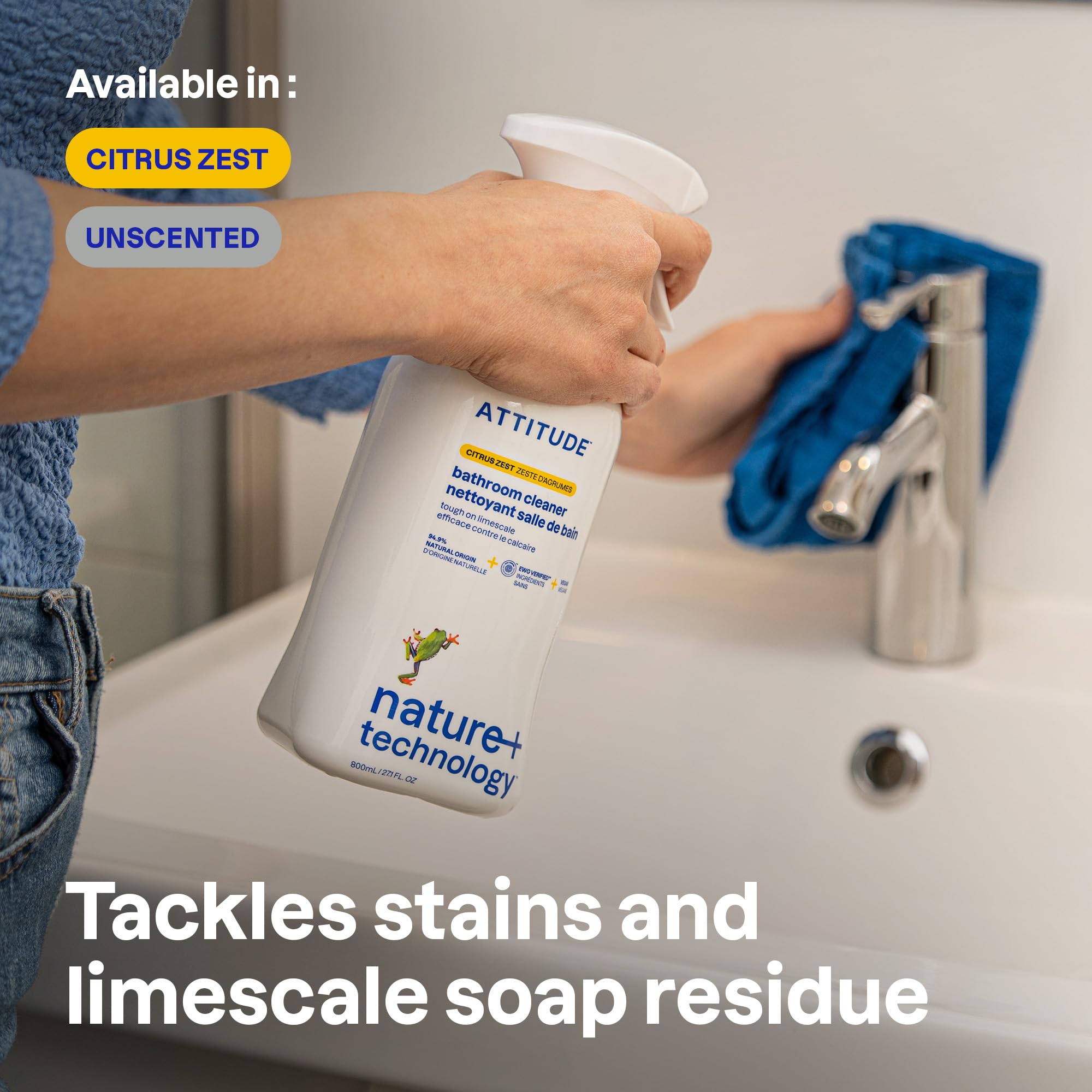 ATTITUDE Bathroom Cleaner Spray - EWG Verified, Plant-Based, Vegan, Streak-Free Shine | 800 ml