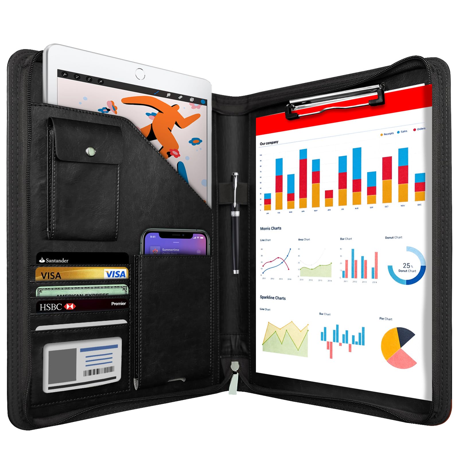 NEWYES A4 Zippered PU Leather Travel Portfolio - Black, Waterproof | 5 Card Slots, Pen Holder