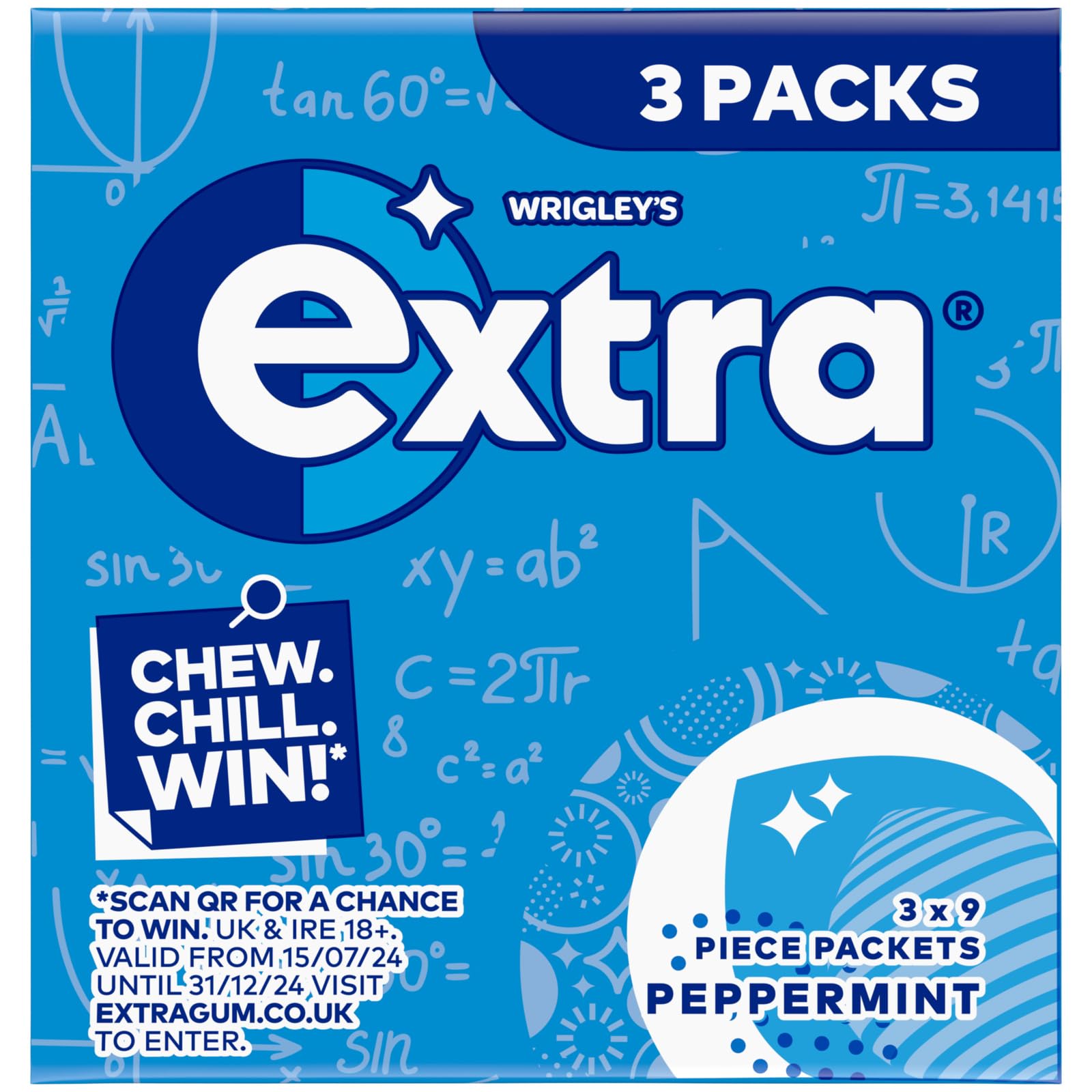 Extra Peppermint Sugar Free Chewing Gum - 3 Pack of 9 Pieces | Sugarfree | Dental Health Approved