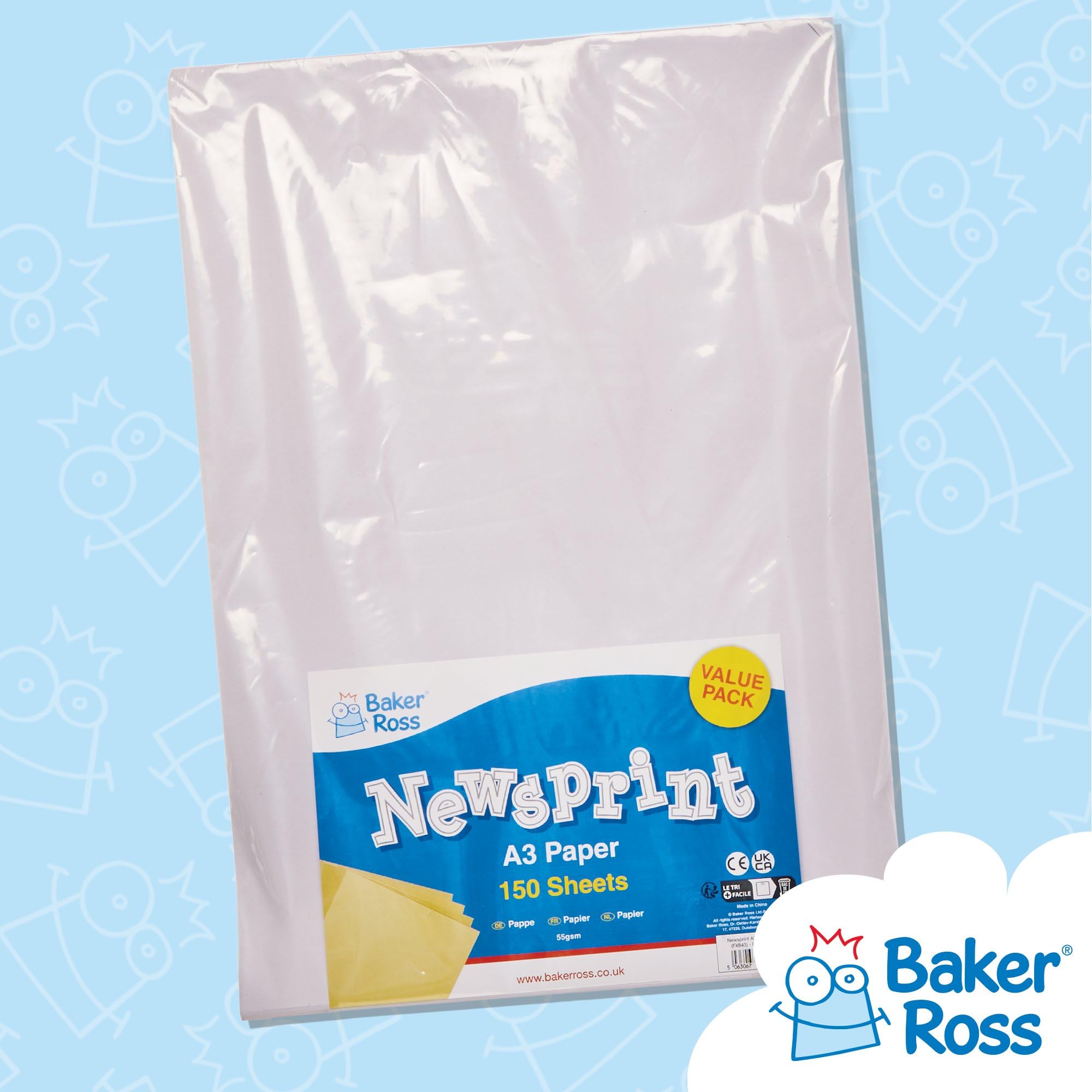 Baker Ross FX843 A3 Newsprint Paper Pack - 150 Sheets | 55gsm White Paper for Crafts and Wrapping 4