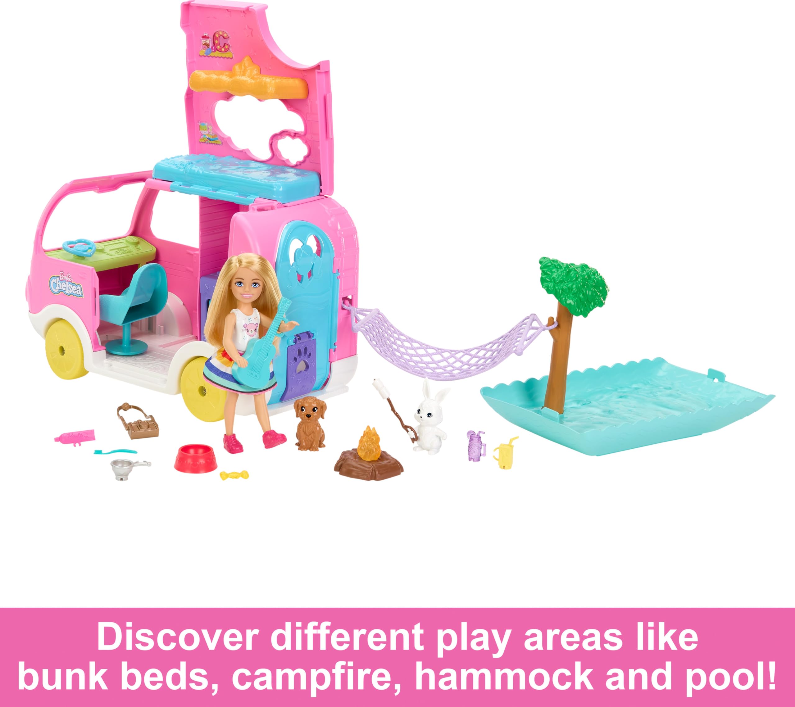 Barbie Chelsea 2-in-1 Camper Playset - Transforming Vehicle with Doll, 2 Pets & 15 Accessories for Kids 3+ 4