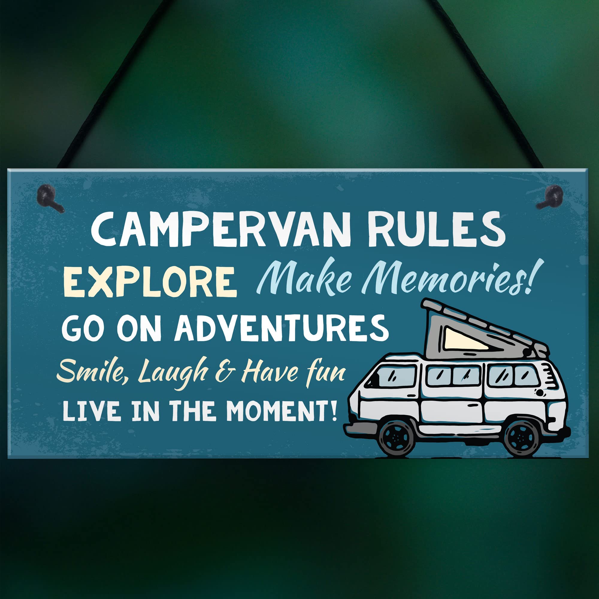 RED OCEAN Campervan Rules Hanging Door Plaque - Blue PVC | 200x100mm | Handmade in England 5