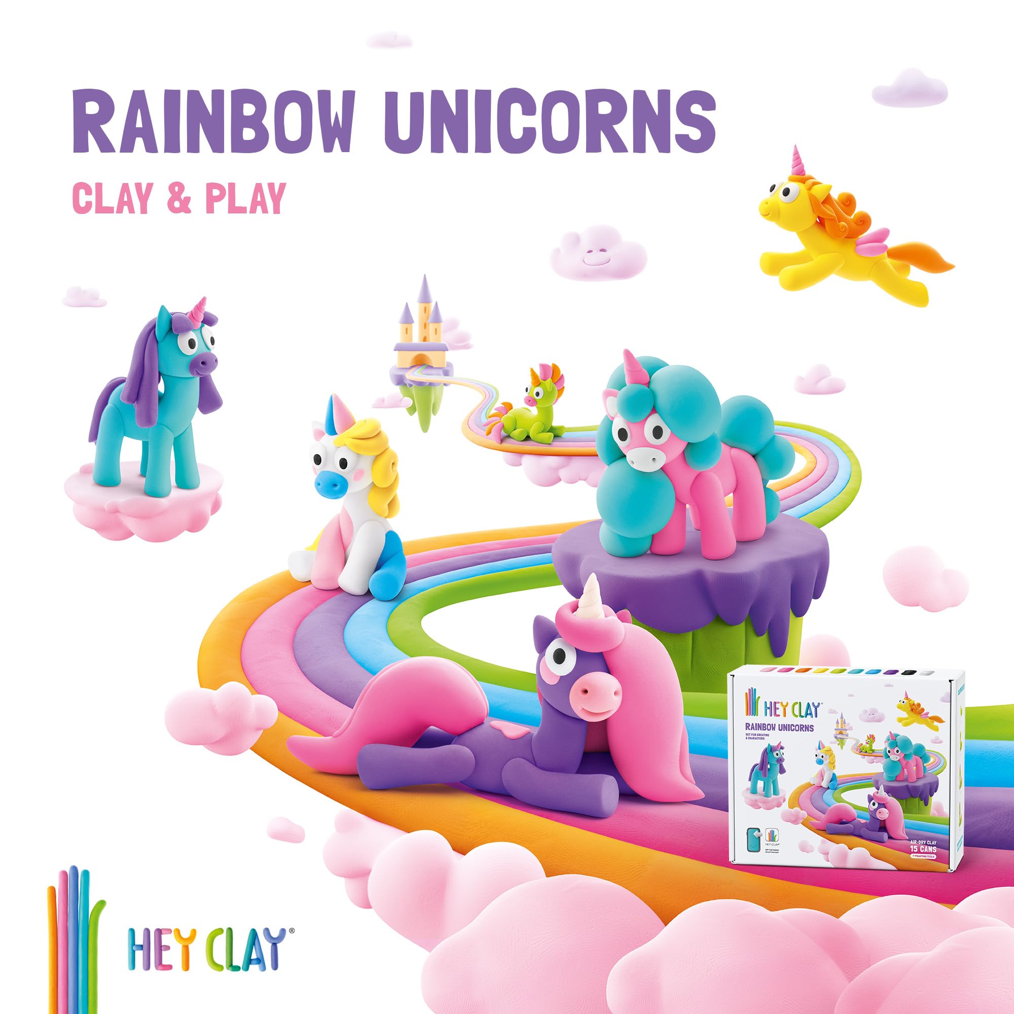 HEY CLAY Rainbow Unicorns Set - Air-Dry Clay Kit for Kids Ages 3+ 18