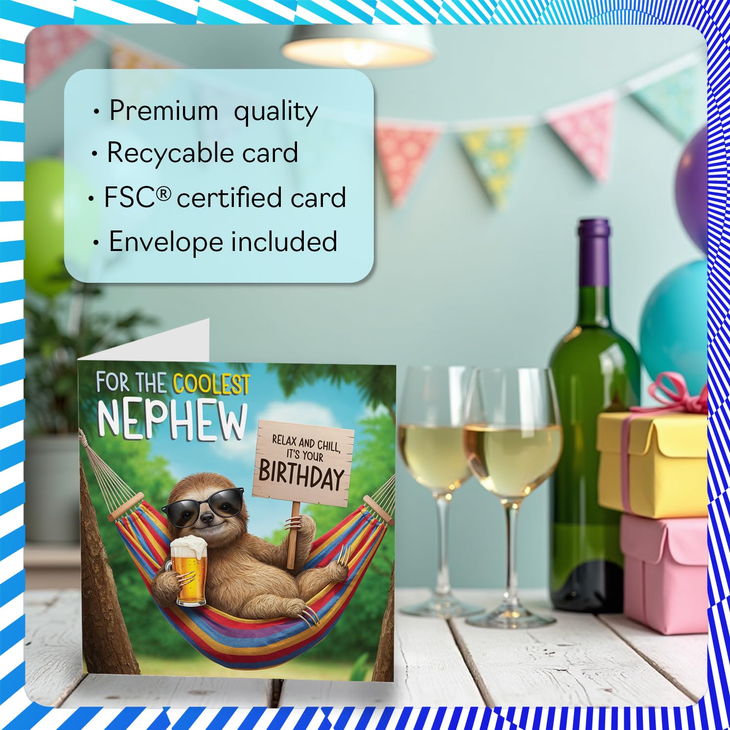 Stuff4 Chilled Out Sloth Nephew Birthday Card | 145mm x 145mm Square Card 3
