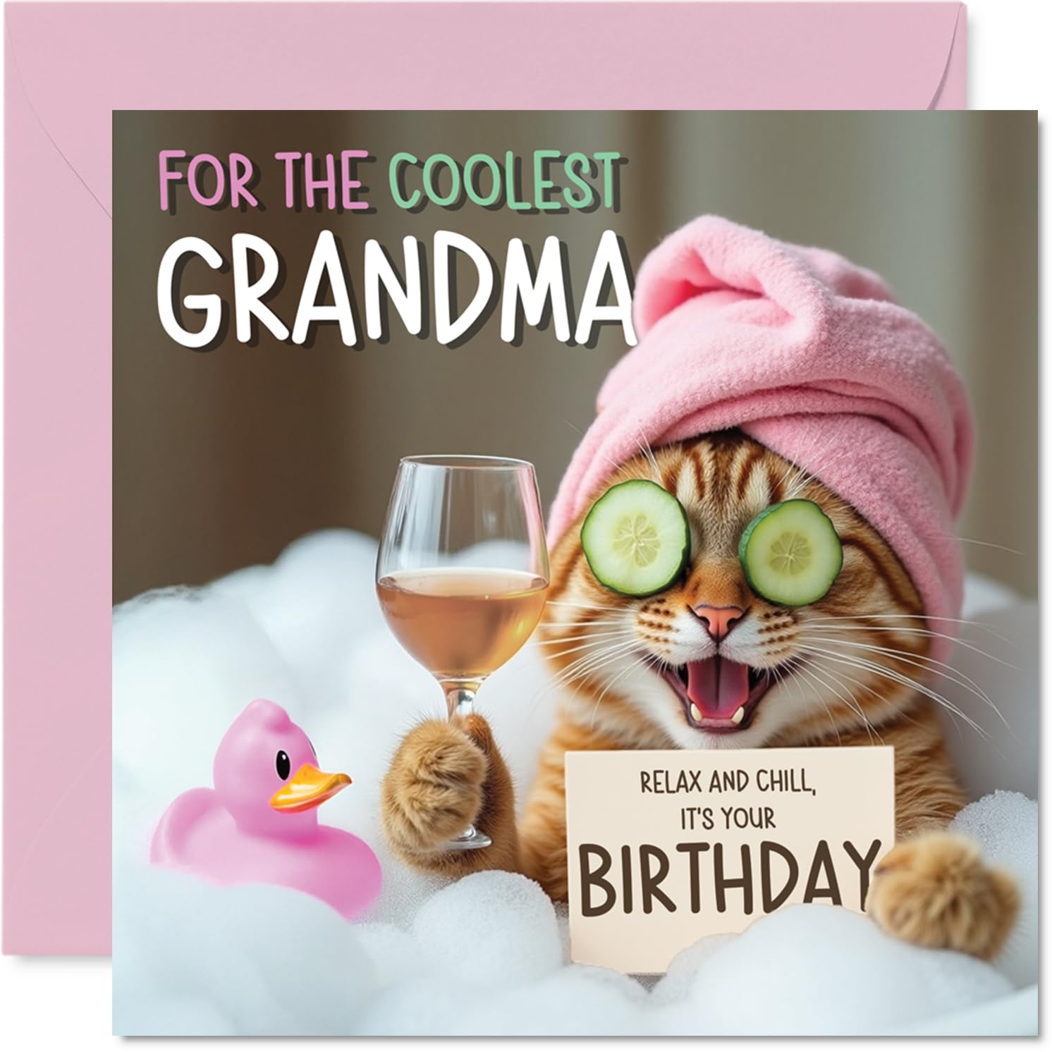 Stuff4 Funny Grandma Birthday Card - Relaxing Bath Cat Design | 145mm x 145mm