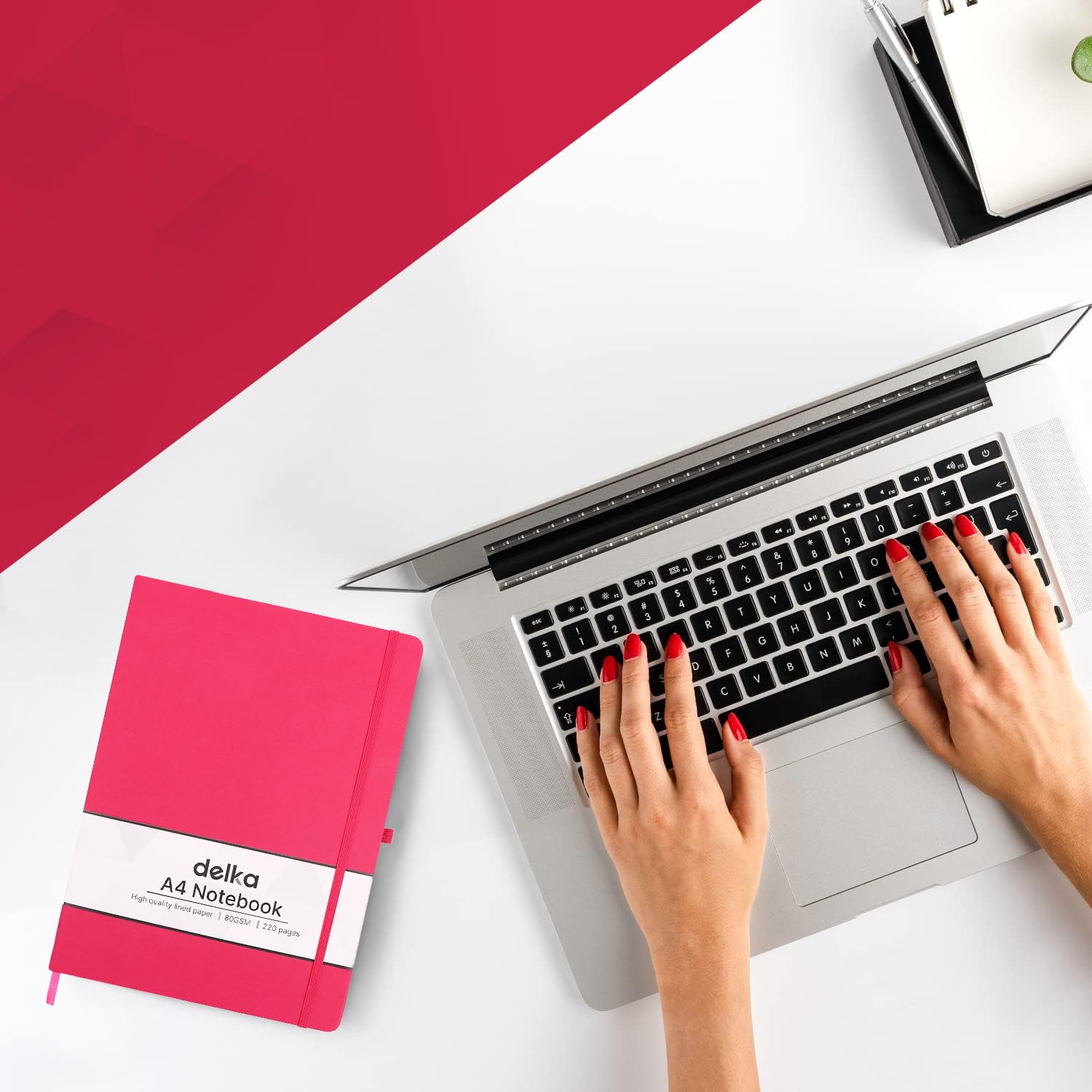 delka A4 Notebook - Vegan Leather Hard Cover | 80 Sheets Ruled Pages | Dark Pink