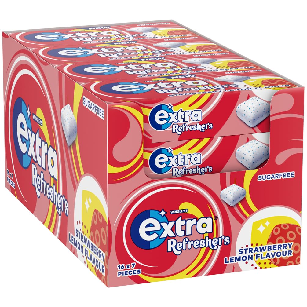 Extra - Refreshers Zuckerfreier Kaugummi, Erdbeer-Zitronen-Geschmack, 16 Packungen (112 Stück)