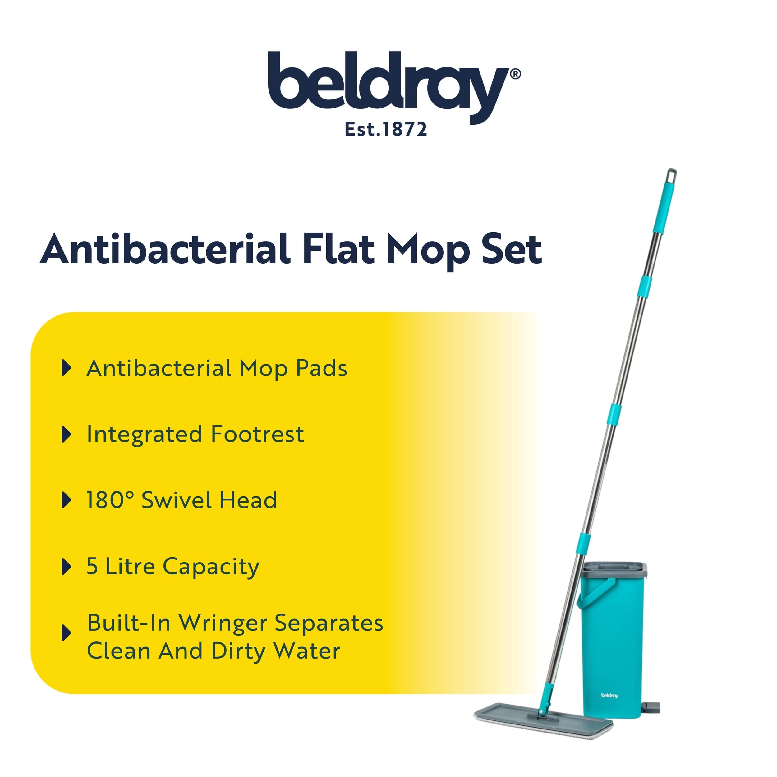 Beldray AntiBac Flat Head Mop & Bucket Set - 5L Capacity | Built-In Wringing | Microfiber Pads