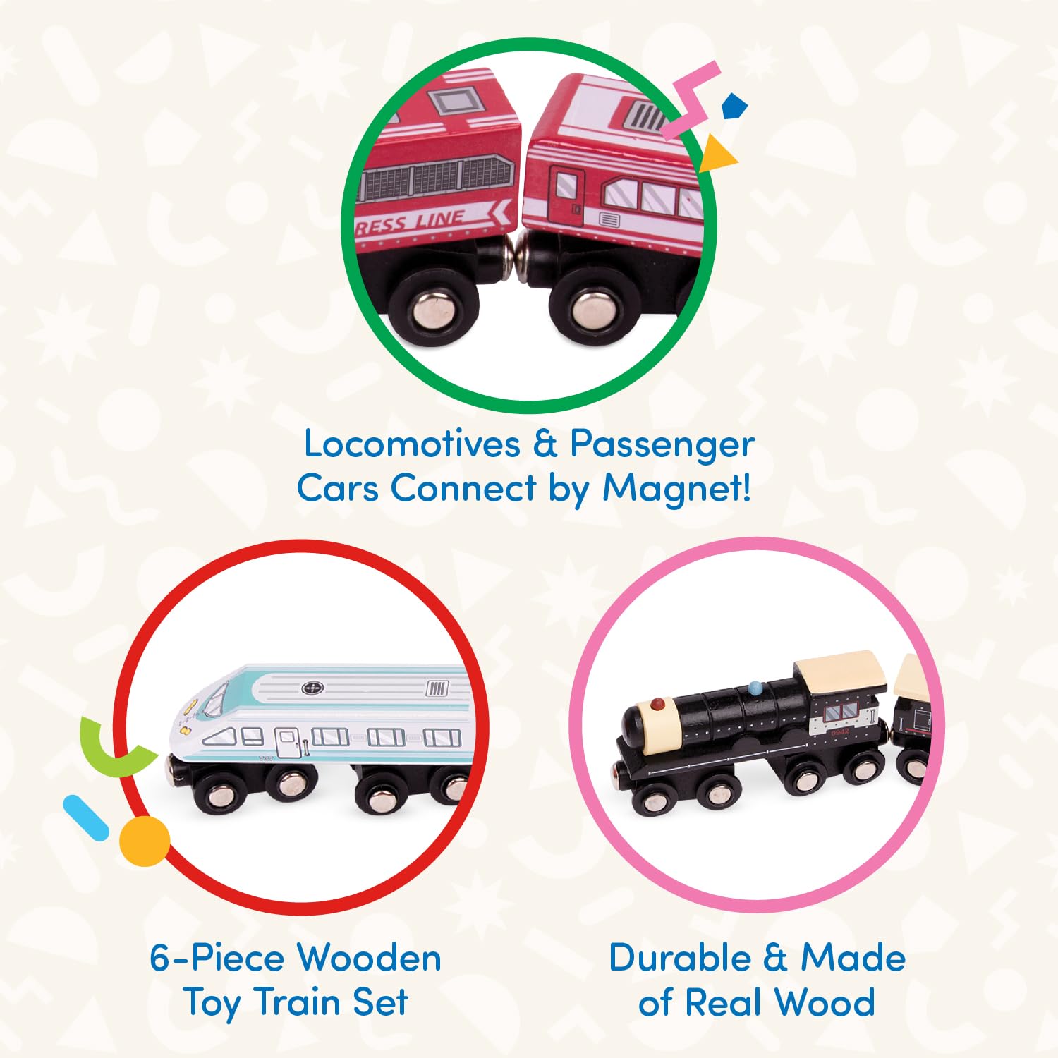 Battat Classic Magnetic Wooden Trains Set - 6 Pieces, Multicolor | Ages 3+