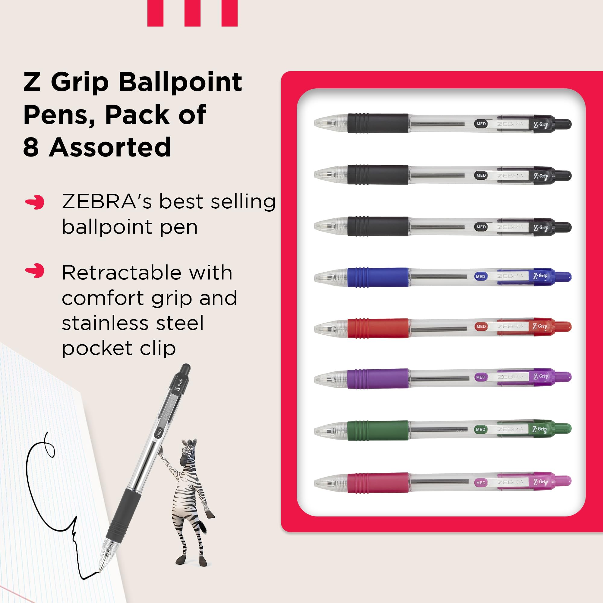 Zebra Pen Z Grip Retractable Ballpoint Pens - Assorted Colors, 8 Pack | Medium Point | Soft Ribbed Grip 3