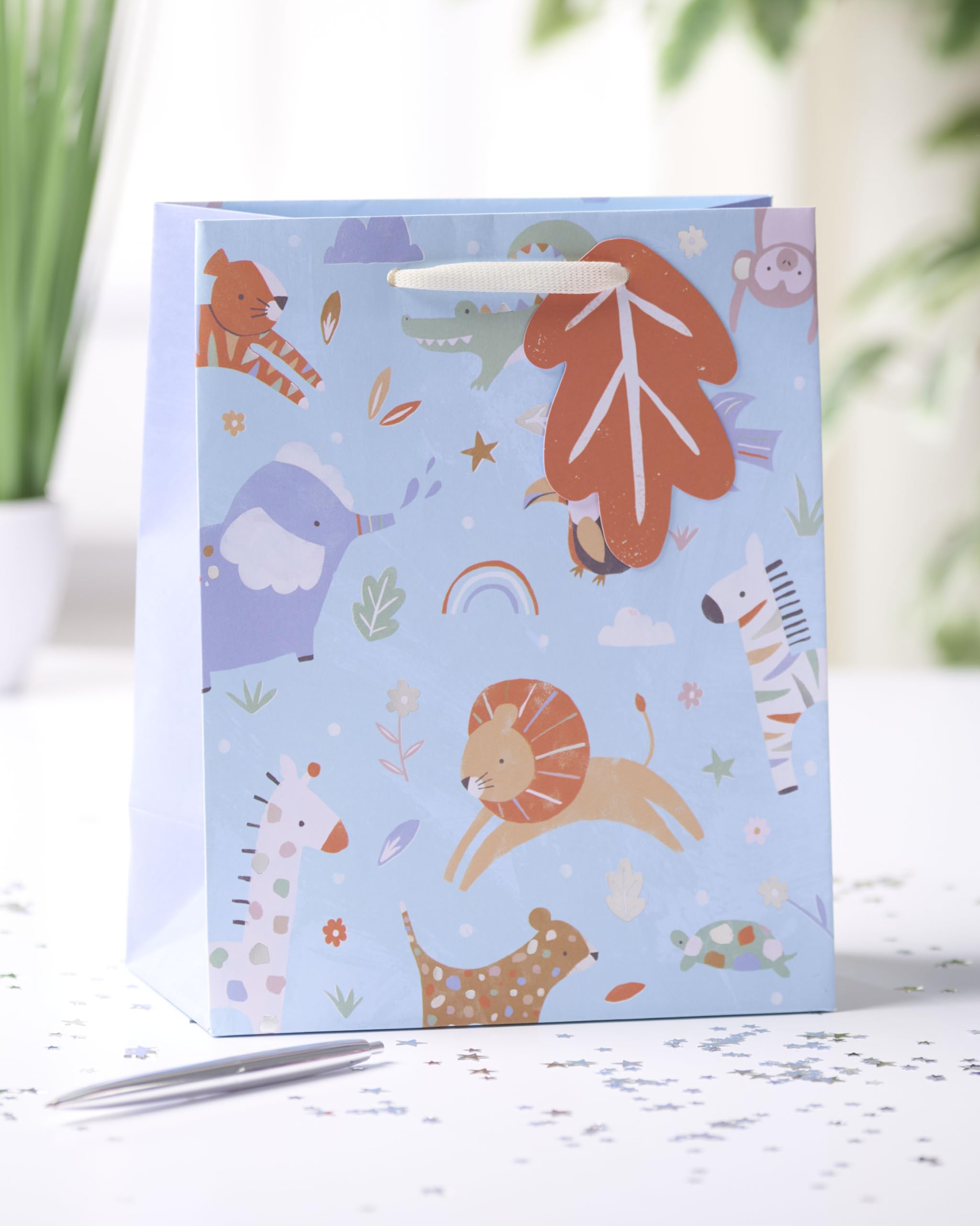 UK Greetings Medium Gift Bag for Baby Boy/New Parents | Animal Design with Foil Details | Blue 3