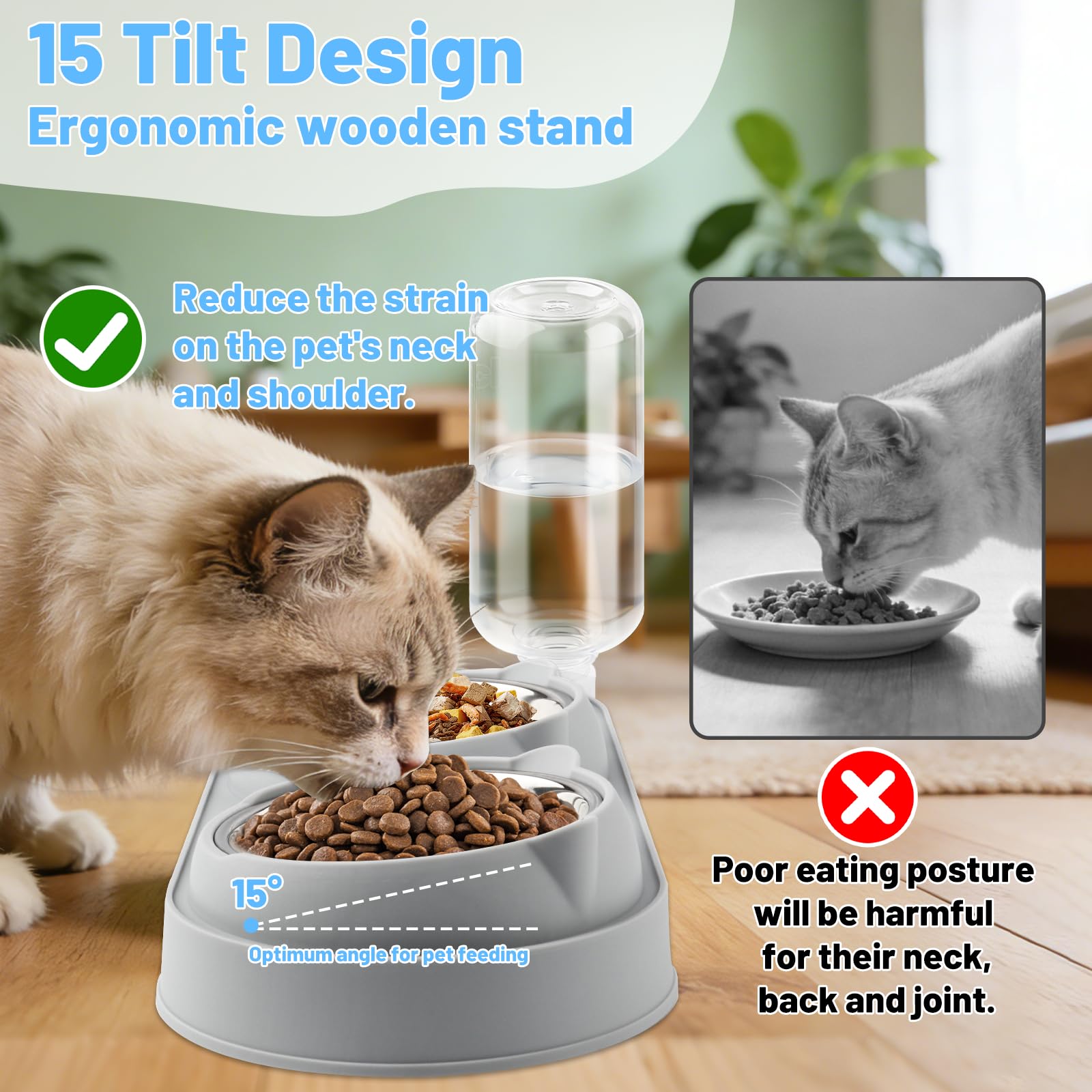 MOXYOY 3-in-1 Raised Cat Food and Water Bowl Set with Automatic Water Replenishment | Grey 5