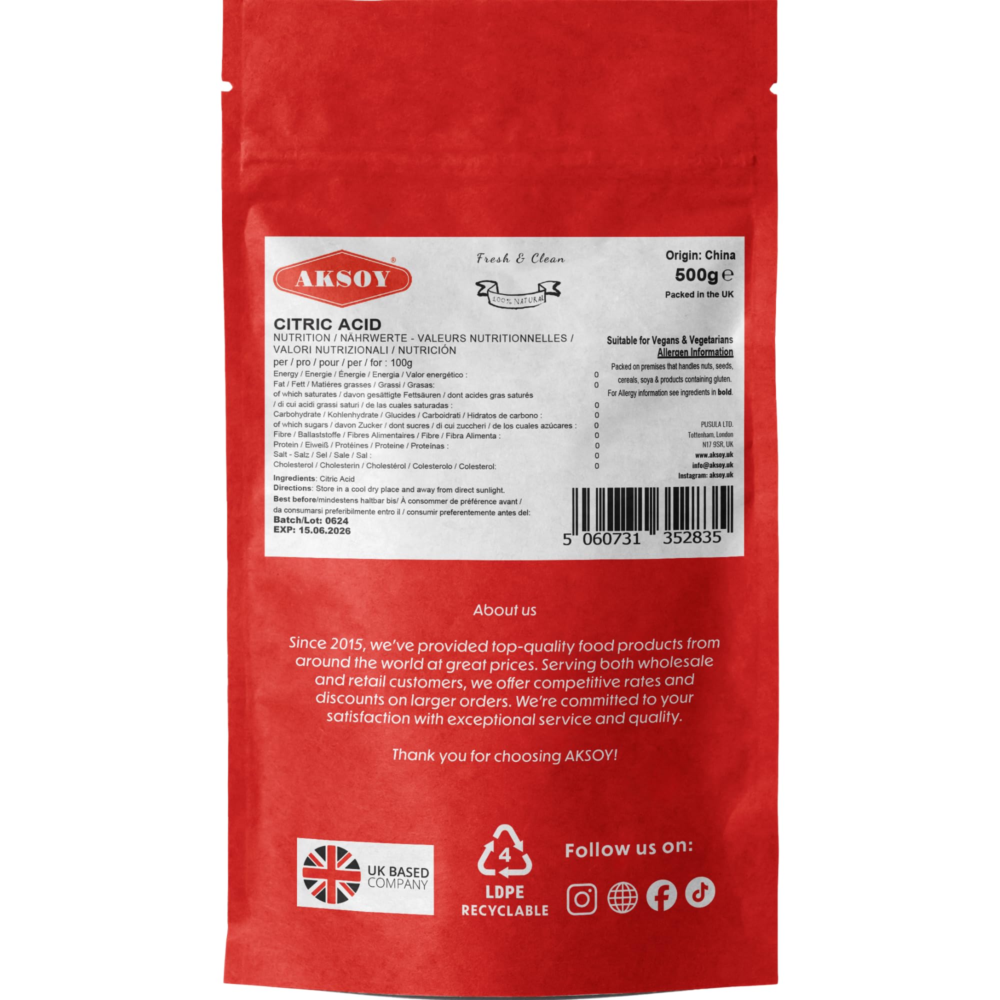 AKSOY Food Grade Citric Acid - 500g Anhydrous Granules | Non-GMO De-Scaler 5
