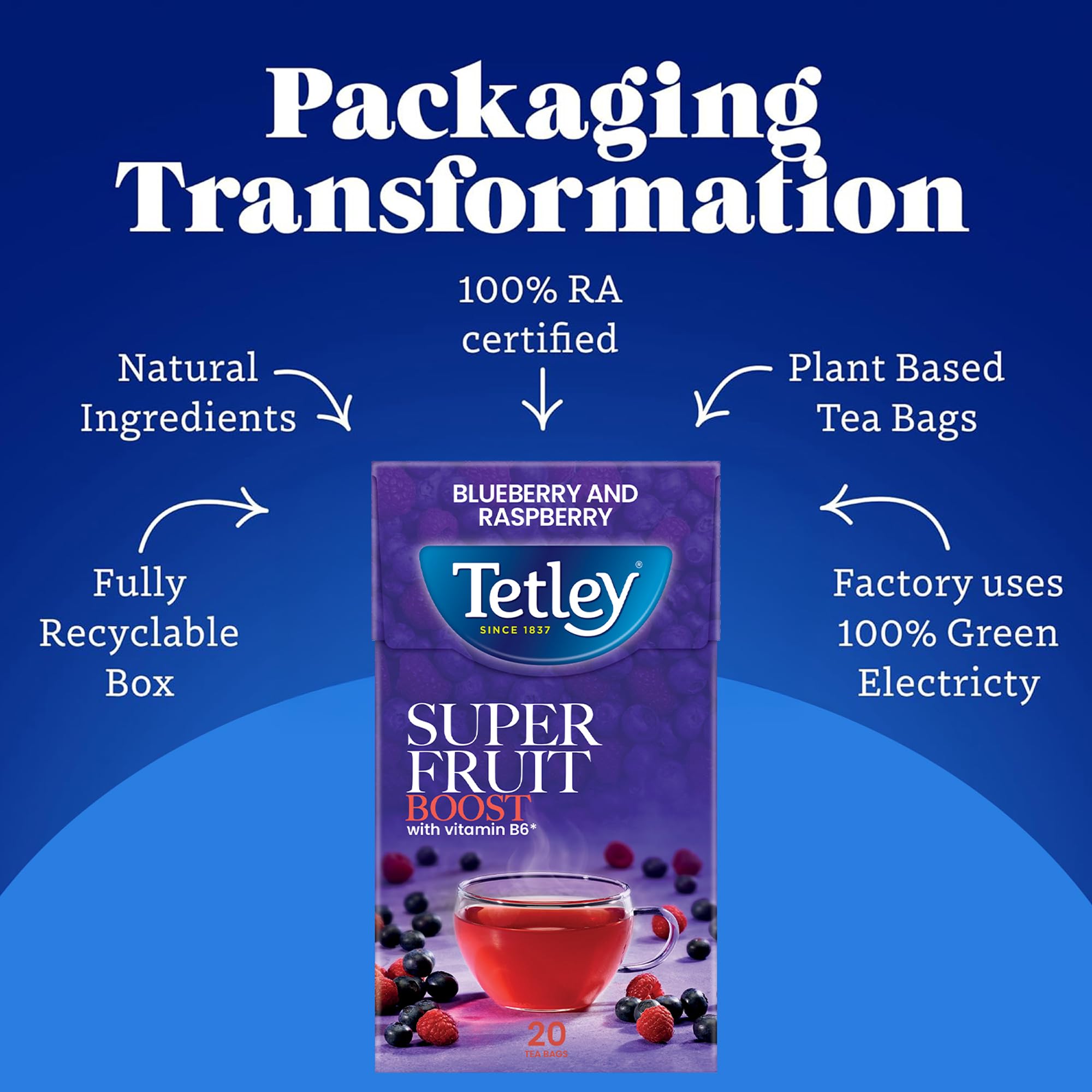 Tetley Super Fruits Boost Cranberry & Elderflower Herbal Tea Bags x20 with Vitamin B6 5