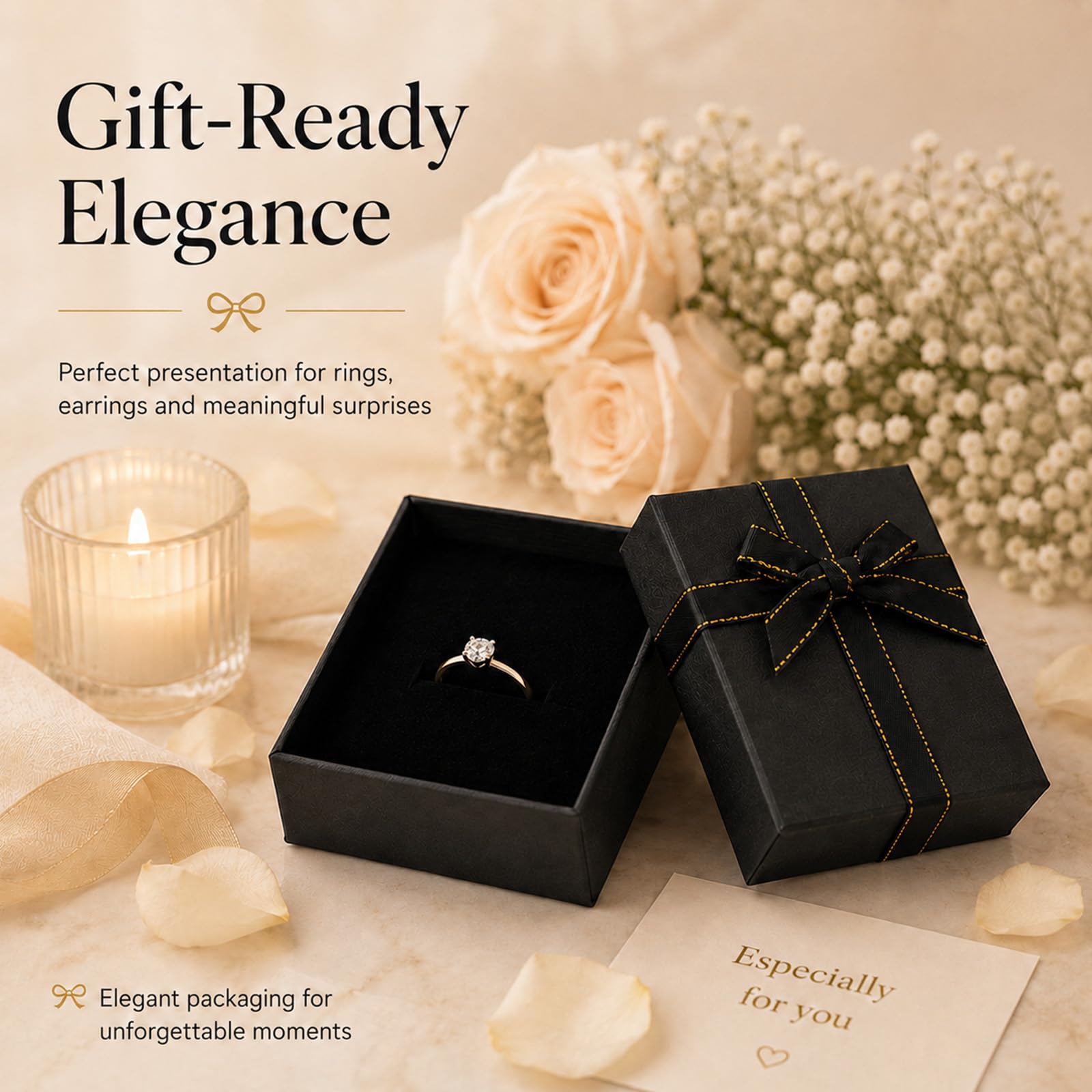 Admygo Premium Black Jewelry Gift Box and Paper Bag Set | 7x9x3cm Box | Includes Ribbon Bow 7