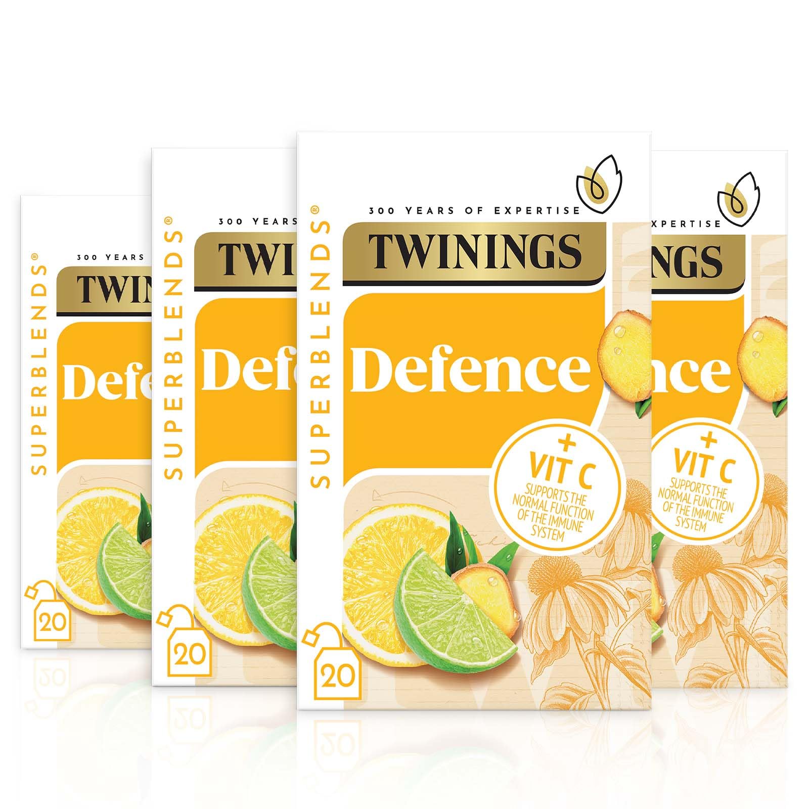 Twinings Superblends Defence Tea - Citrus & Ginger Green Tea Herbal Infusion | 20 Count (Pack of 4)