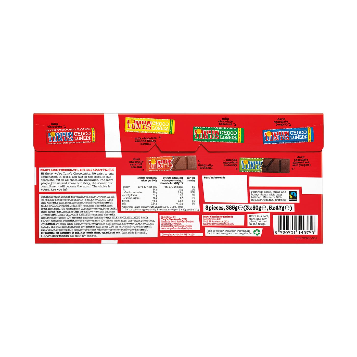 Tony's Chocolonely Extended Rainbow Probierpaket – 8 Riegel, 385 g, verschiedene Geschmacksrichtungen