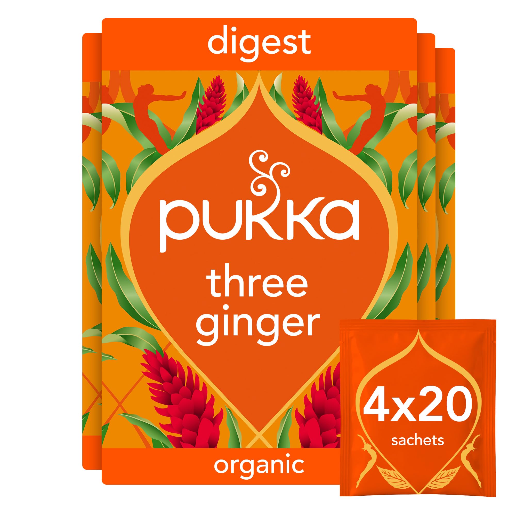 Pukka Herbs Three Ginger Organic Herbal Tea - 80 Count (Pack of 4) | Aids Digestion | Caffeine-Free