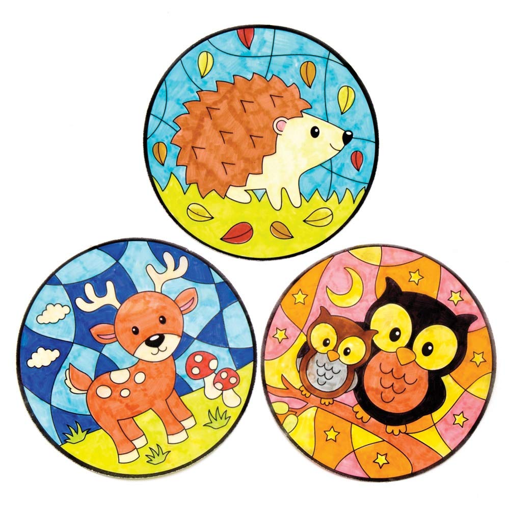 Baker Ross Woodland Animal Colour in Window Decorations AW869 | 6 Assorted Designs | 15 cm Diameter