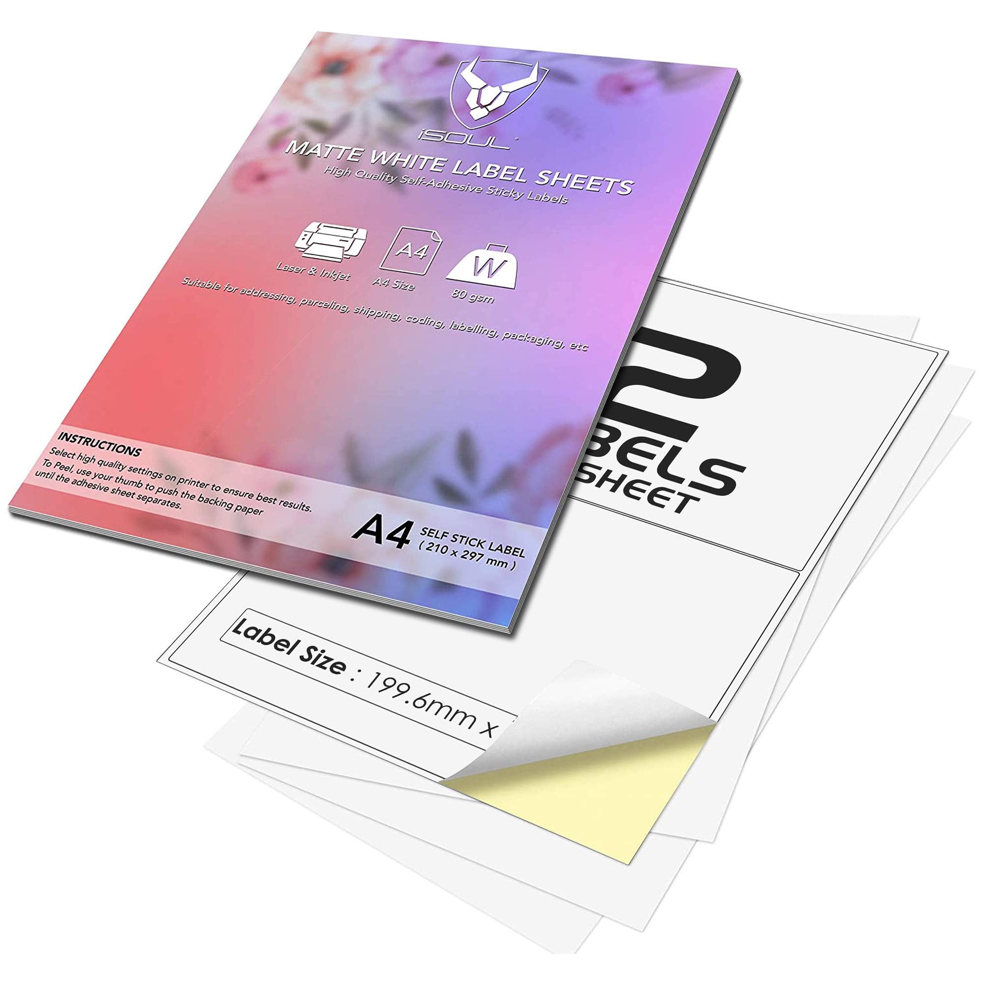 iSOUL Printable Printer Labels - 100 Labels on 50 A4 Sheets, Matte White, Inkjet & Laser Compatible 4