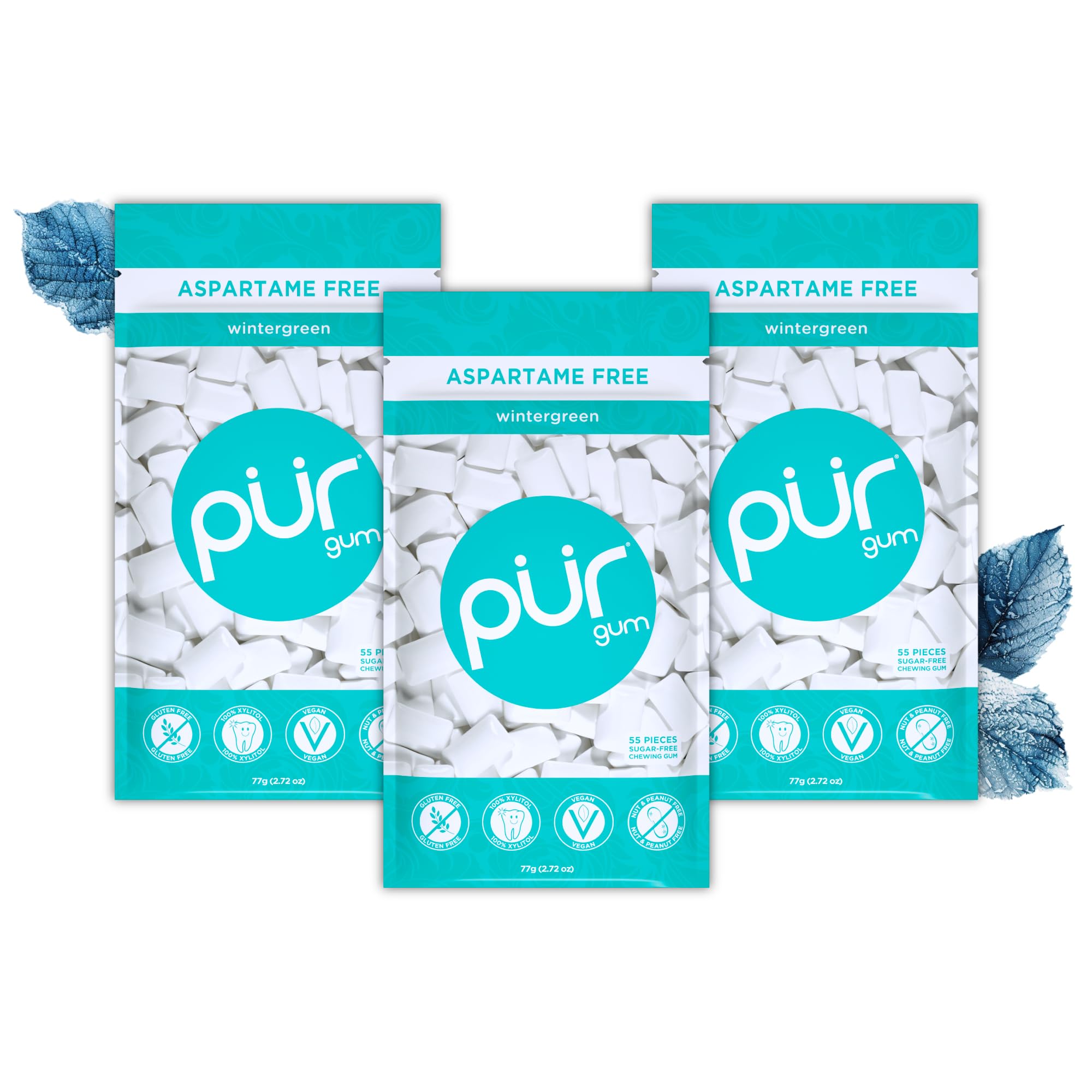 PUR Gum Sugar Free Chewing Gum - Natural Wintergreen, Xylitol Sweetened | Vegan, Keto Friendly (3 Pack of 55 Count)