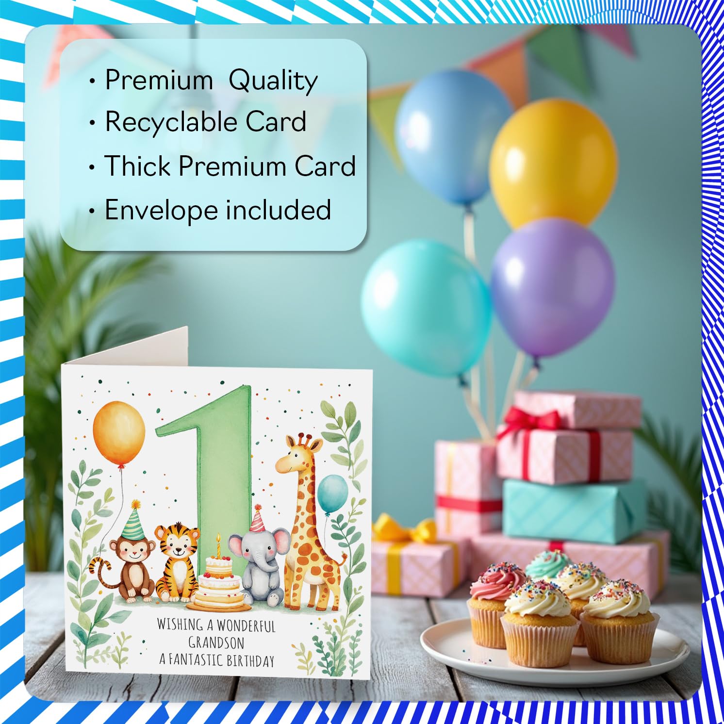 Stuff4 Playful 1st Birthday Card for Grandson | 145mm Square | Recyclable 3