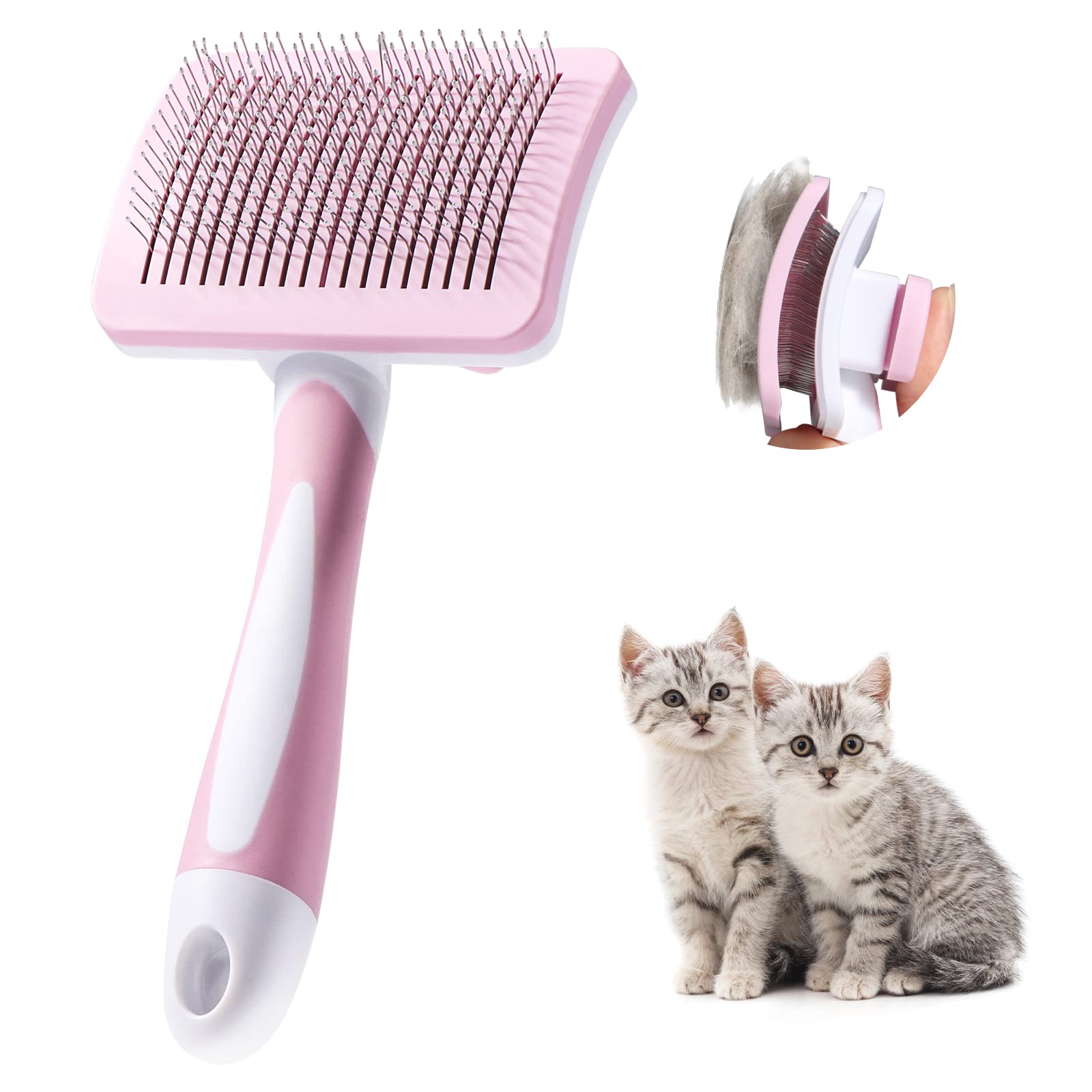 Vinabo Pet Grooming Brush - Self-Cleaning Slicker for Dogs & Cats | Pink | Improves Coat Health