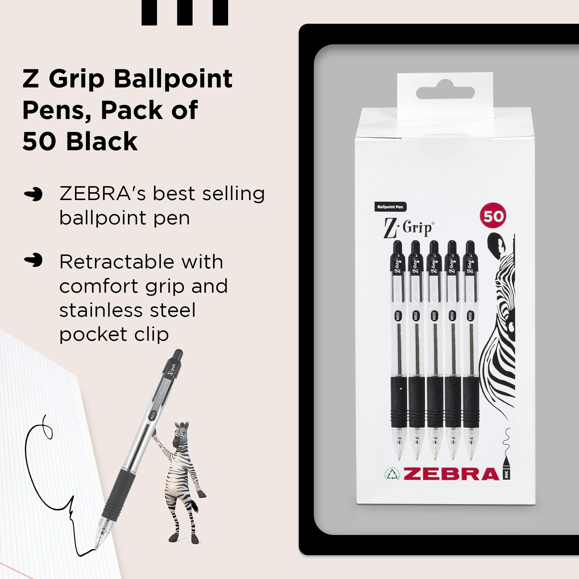 Zebra Pen Z Grip Retractable Ballpoint Pens - 50 Count Black Ink, Medium Point, Soft Ribbed Grip 3