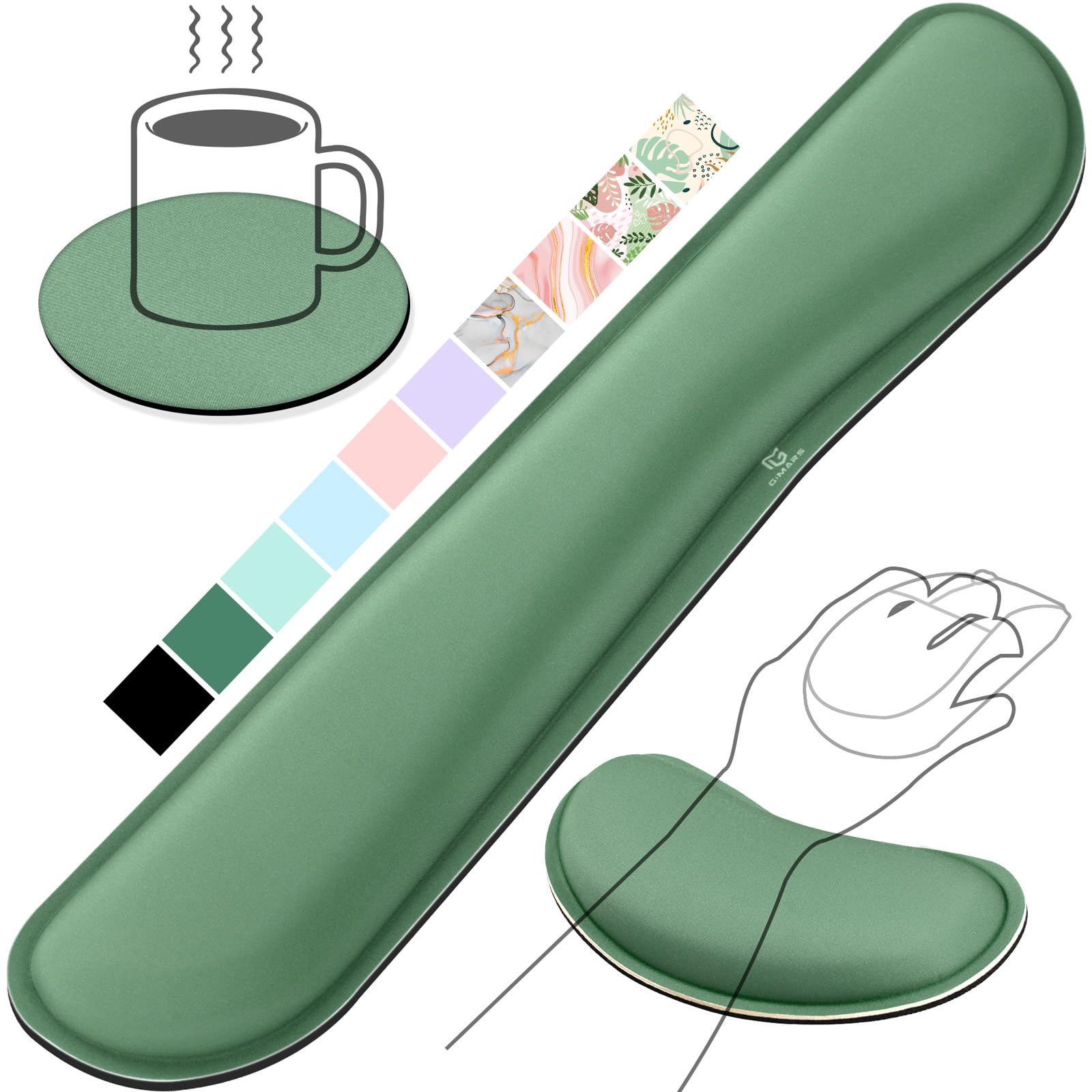 Gimars Extended Memory Foam Wrist Rest Set - 3CM Ultra Thick Support | Dark Green | 3 Items
