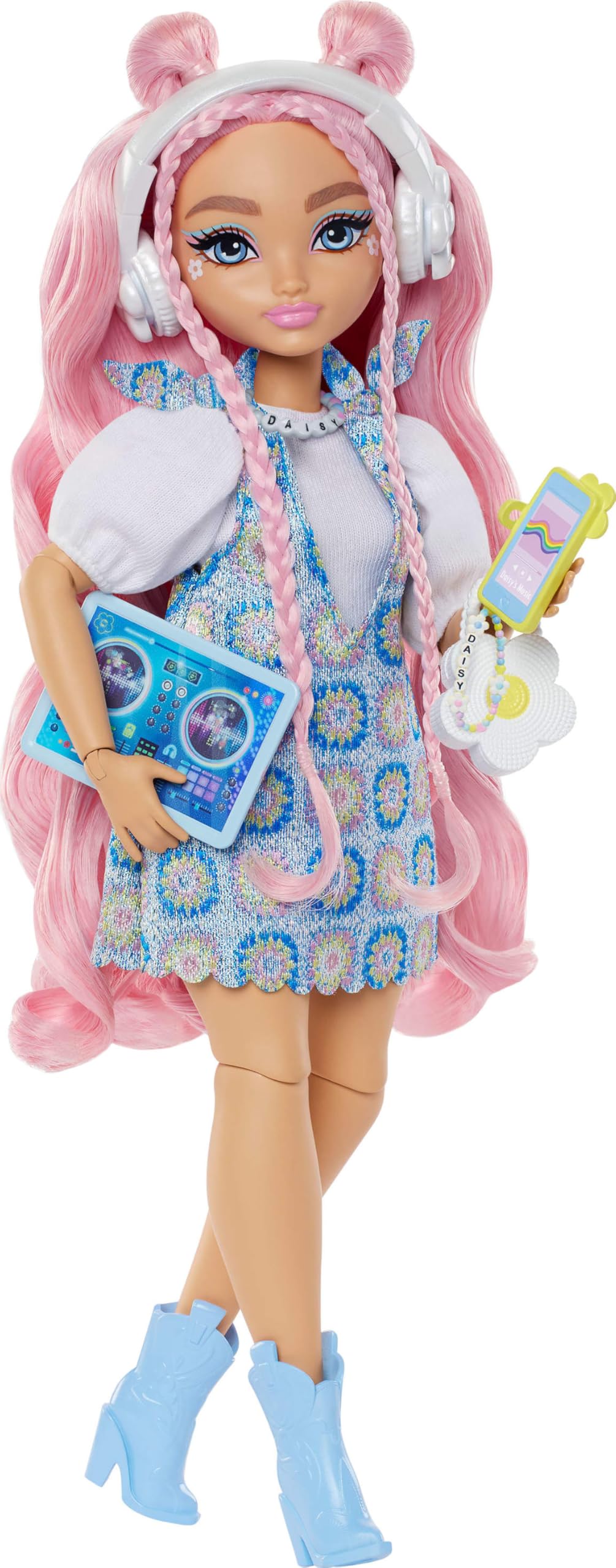 Barbie Dream Besties Daisy Jean Puppe &amp; Musik-Spielset – bewegliche Modepuppe mit 9 Accessoires, rosa gewelltes Haar, ab 4 Jahren