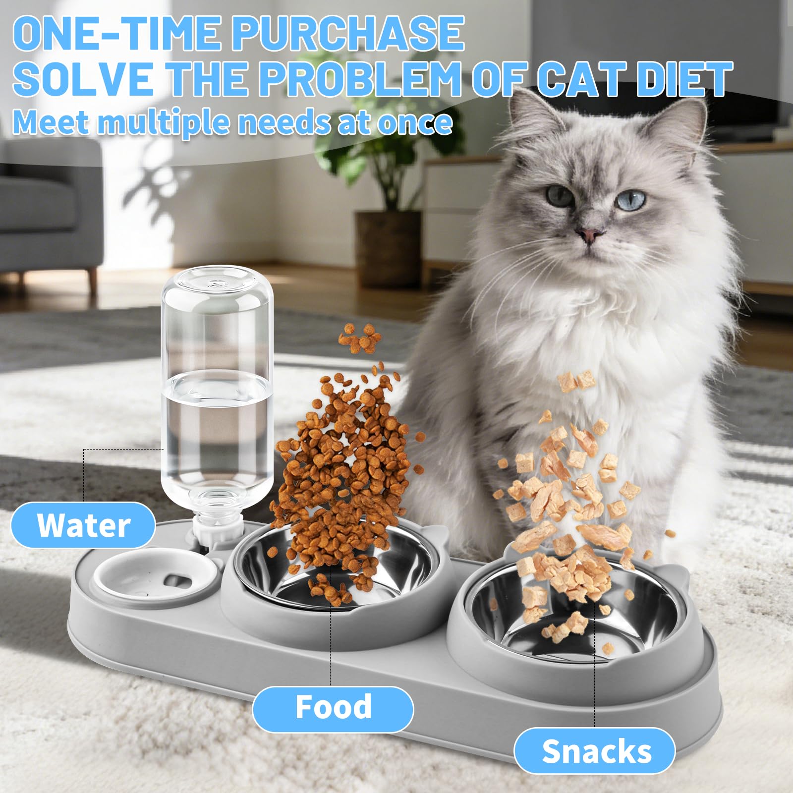 MOXYOY 3-in-1 Raised Cat Food and Water Bowl Set with Automatic Water Replenishment | Grey 3