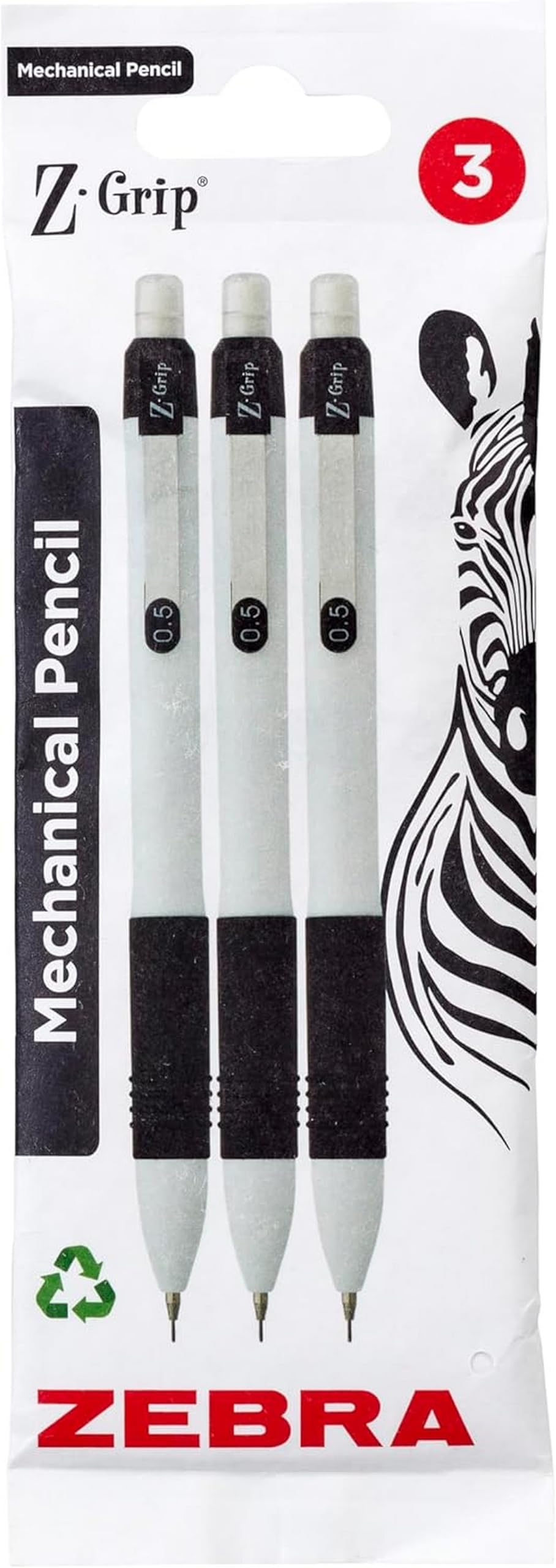 Zebra Pen Z-Grip Mechanical Pencil - 0.5mm Fine Tip, Retractable, White Barrel | 3 Pack