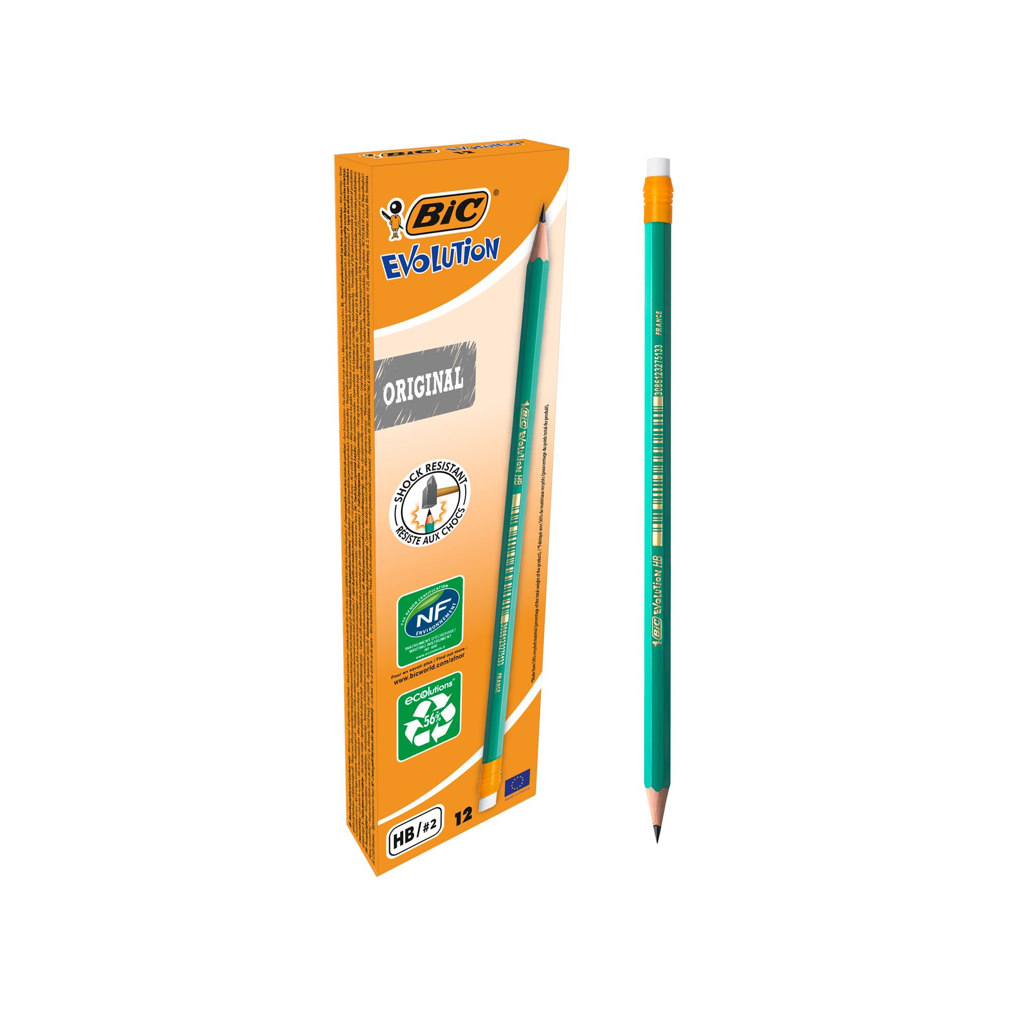 BIC Ecolutions Evolution 655 HB Wooden Lead Pencil with Eraser | Pack of 12 | Green