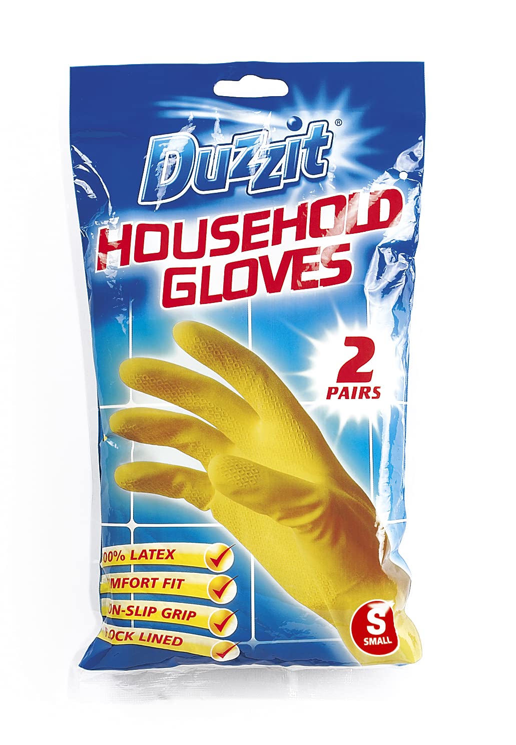 Duzzit Household Cleaning Gloves - 100% Latex, Comfort Fit Lined, Yellow | Size Small | Pack of 2